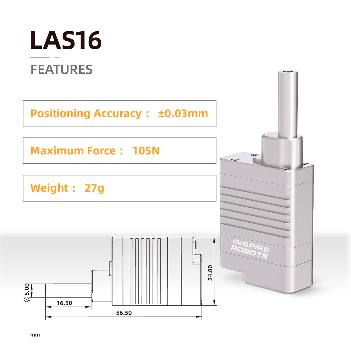 INSPIRE ROBOTS LAS High Precision Micro Linear Servo Actuator,Stroke 16mm,Force 12.6lbs(56N), Drive&Control Integrated| for Robotics,Industrial Automation,Biomedical Instrument,Education|LAS16-031D