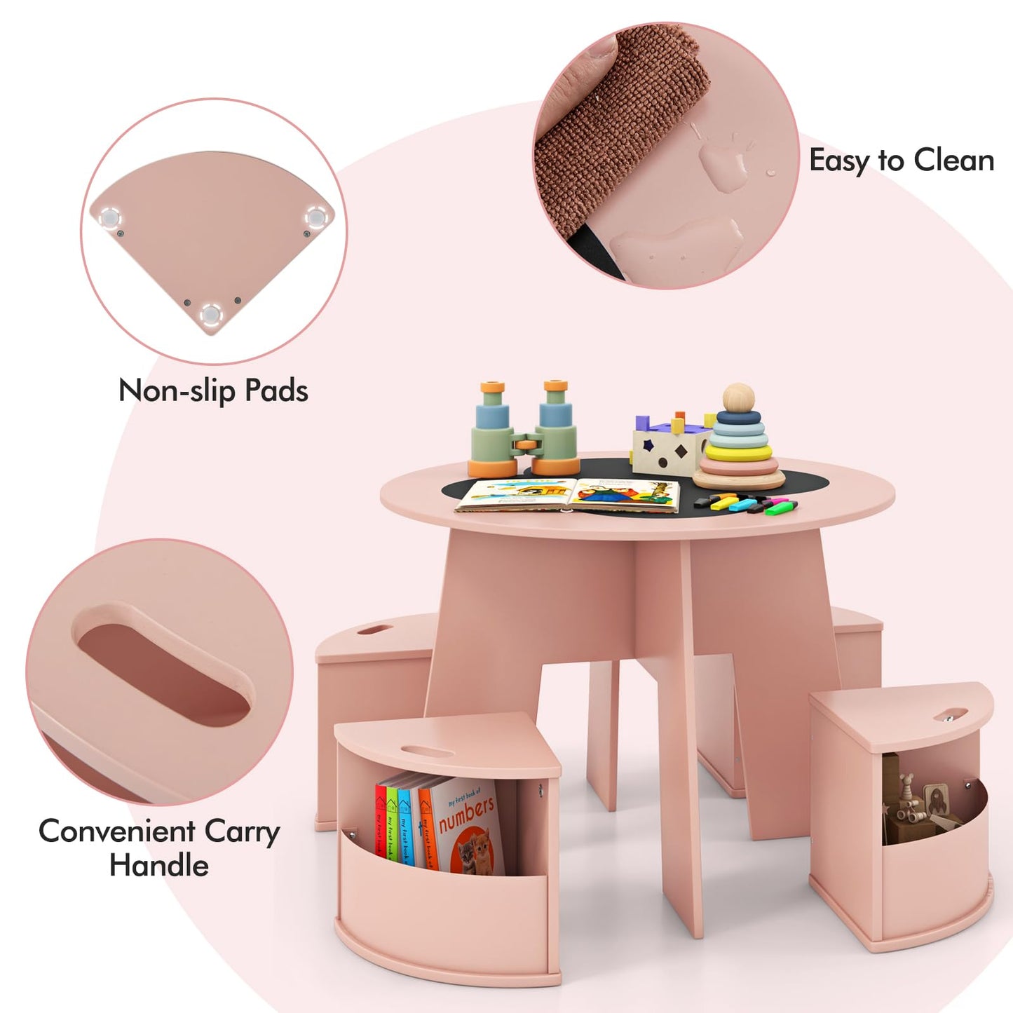 INFANS Toddler Table and Chair Set with 4 Storage Stools, Wooden Flower Shaped Nesting Table with Blackboard Drawers, Children Multi-Activity Table for Art Crafts Draw Read Boys Girls 3+