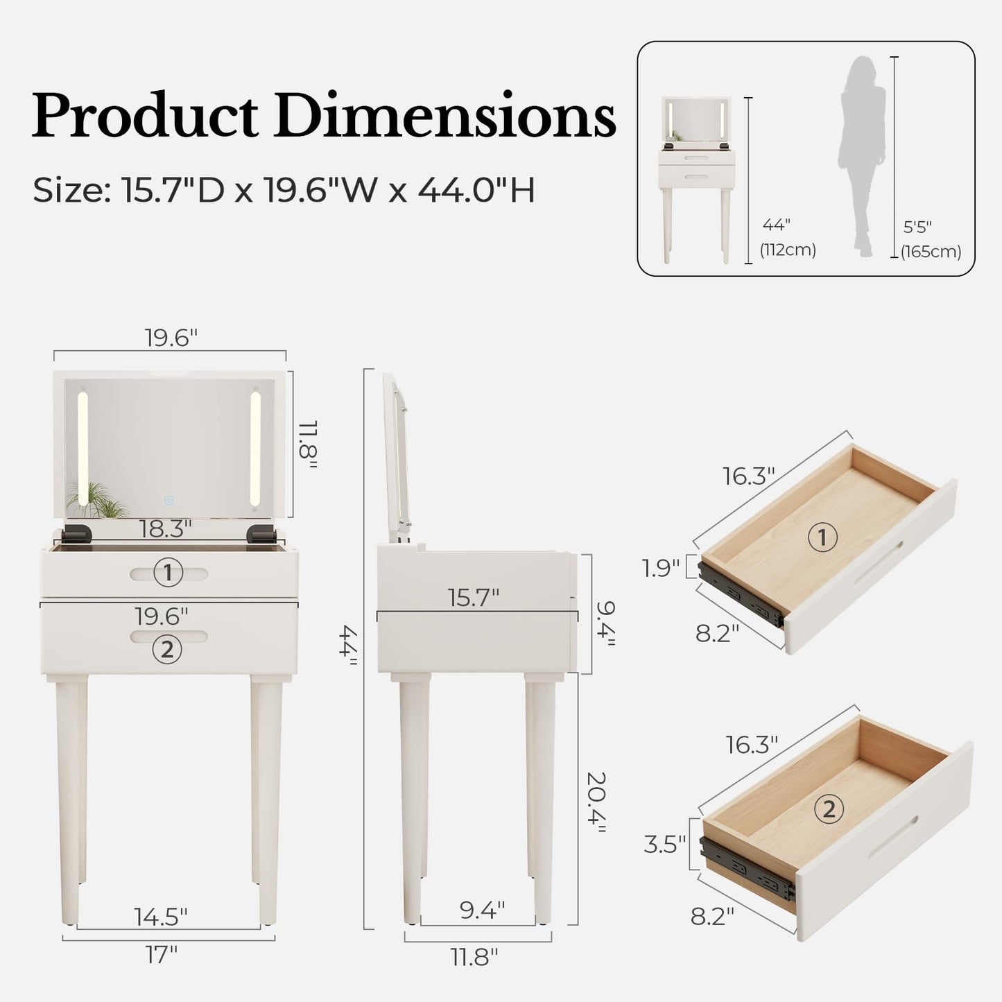 Muwuele Solid Wood Small Vanity Desk with Mirror and Lights, Narrow Makeup Vanity for Small Space, Flip Top Vanity Side Table, 3 Color Modes & Adjustable Brightness, 19.6" Slim Dressing Table, White