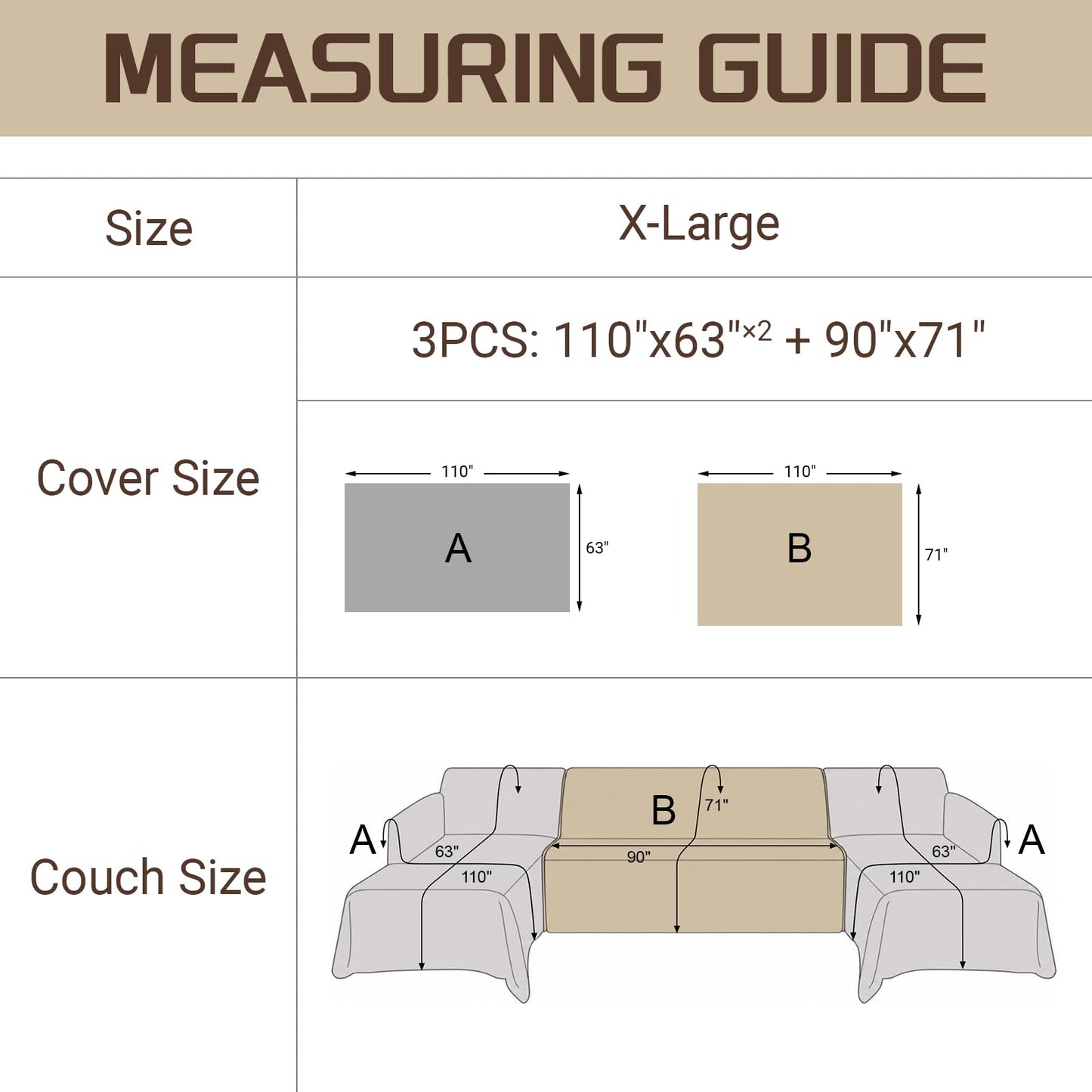 Deep Dream Sectional Couch Covers U Shape, 3 Pieces Waterproof Sofa Cover for Sectional Sofa, Non Slip U Shaped Couch Cover with Chaise Lounge for Dogs Pets, Dark Grey (2PCS 110"x63" + 1PCS 90"x71")