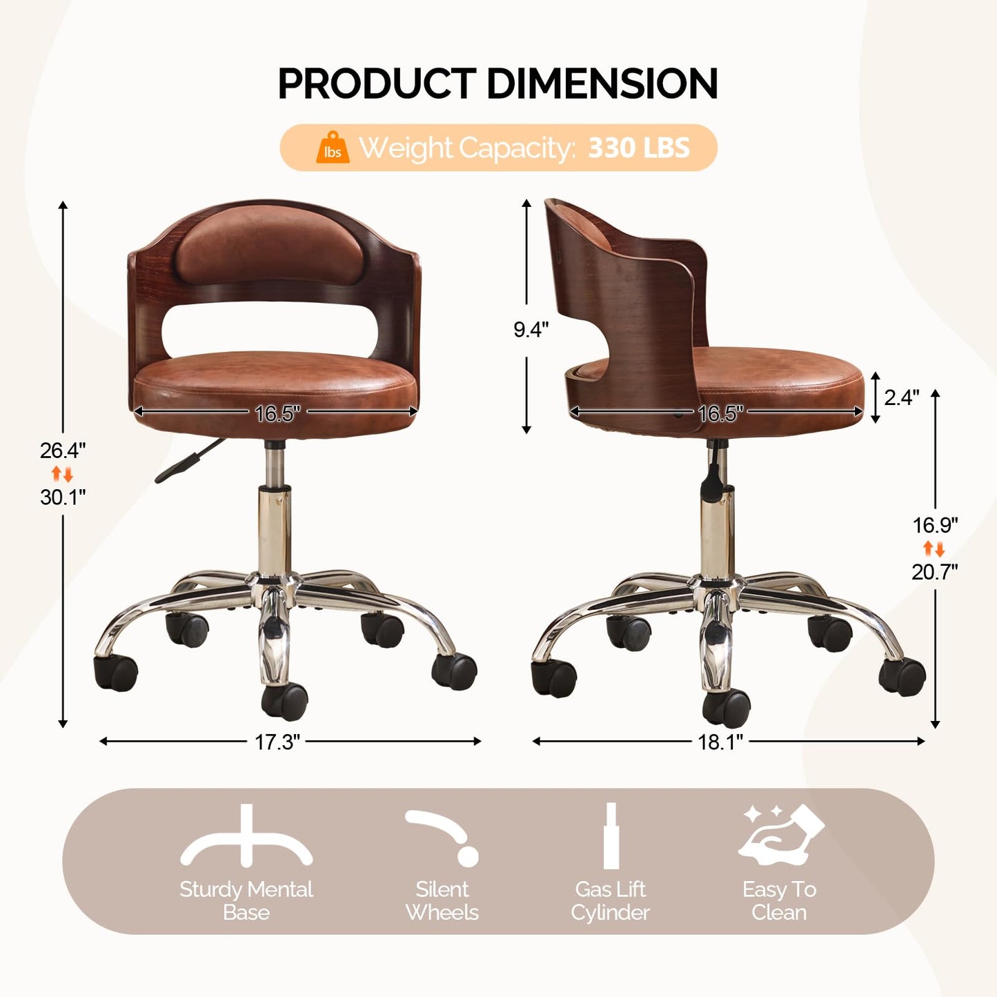 VINGLI Armless Home Office Desk Chair, Adjustable Swivel Chair,Dual-Use with/no Wheels,Small Retro Designed Walnut Curved Task Chair,Cushioned Nail Tech Chair for Study Area,Workspace,PU,Brown