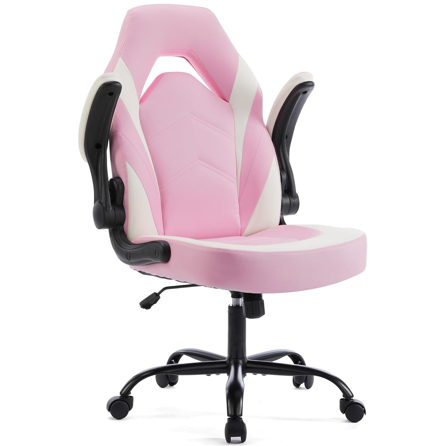Sweetcrispy Computer Video Game Desk Chair - Ergonomic Comfy Lumbar Support, PU Leather with Flip-up Armrest, Height Adjustable and 360° Swivel, for Adults, Pink