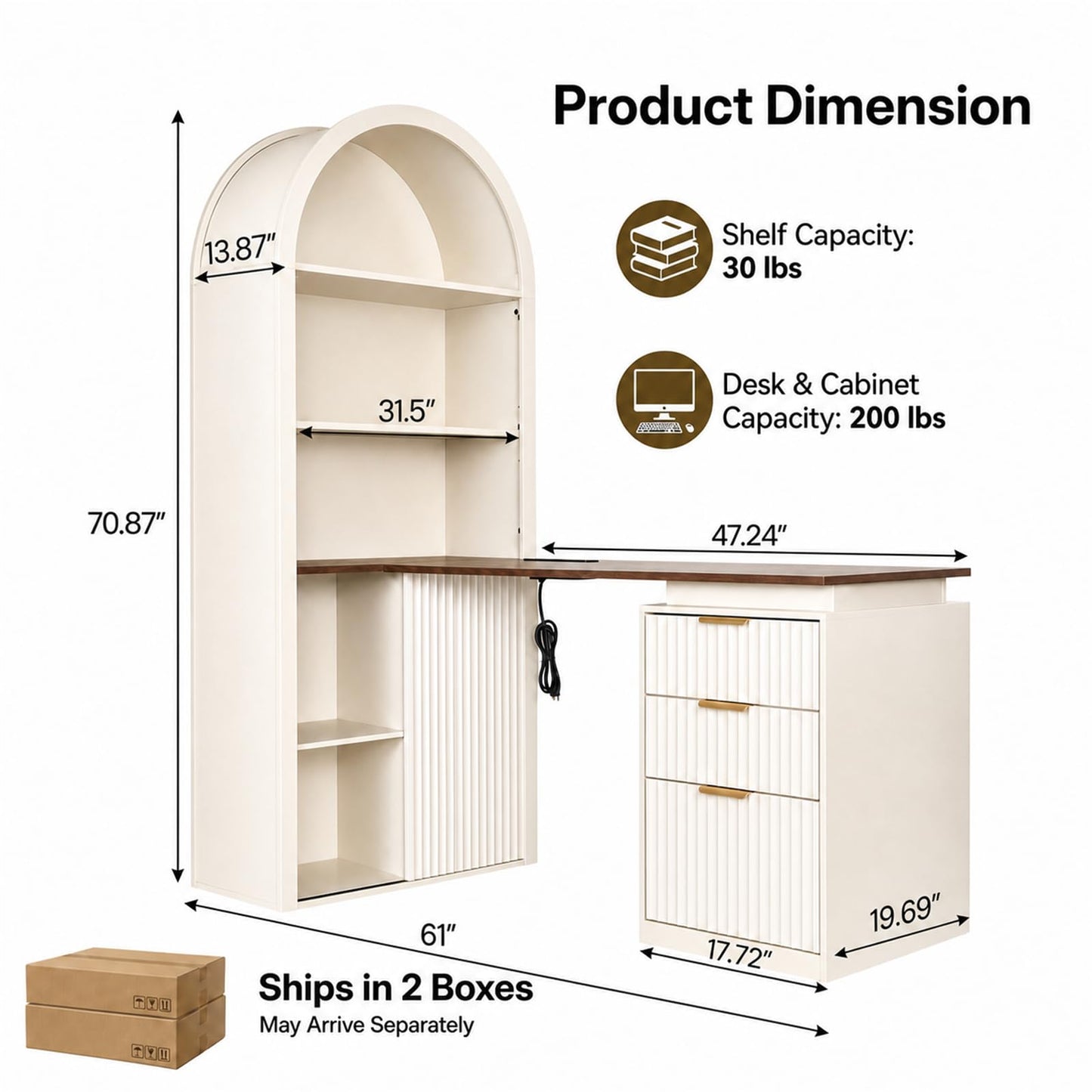 NORTHSKY 61" L Shaped Desk with Arched Hutch, White Corner Computer Desk with Power Outlets, 3 Drawers, File Cabinet and Sliding Door Storage for Home Office