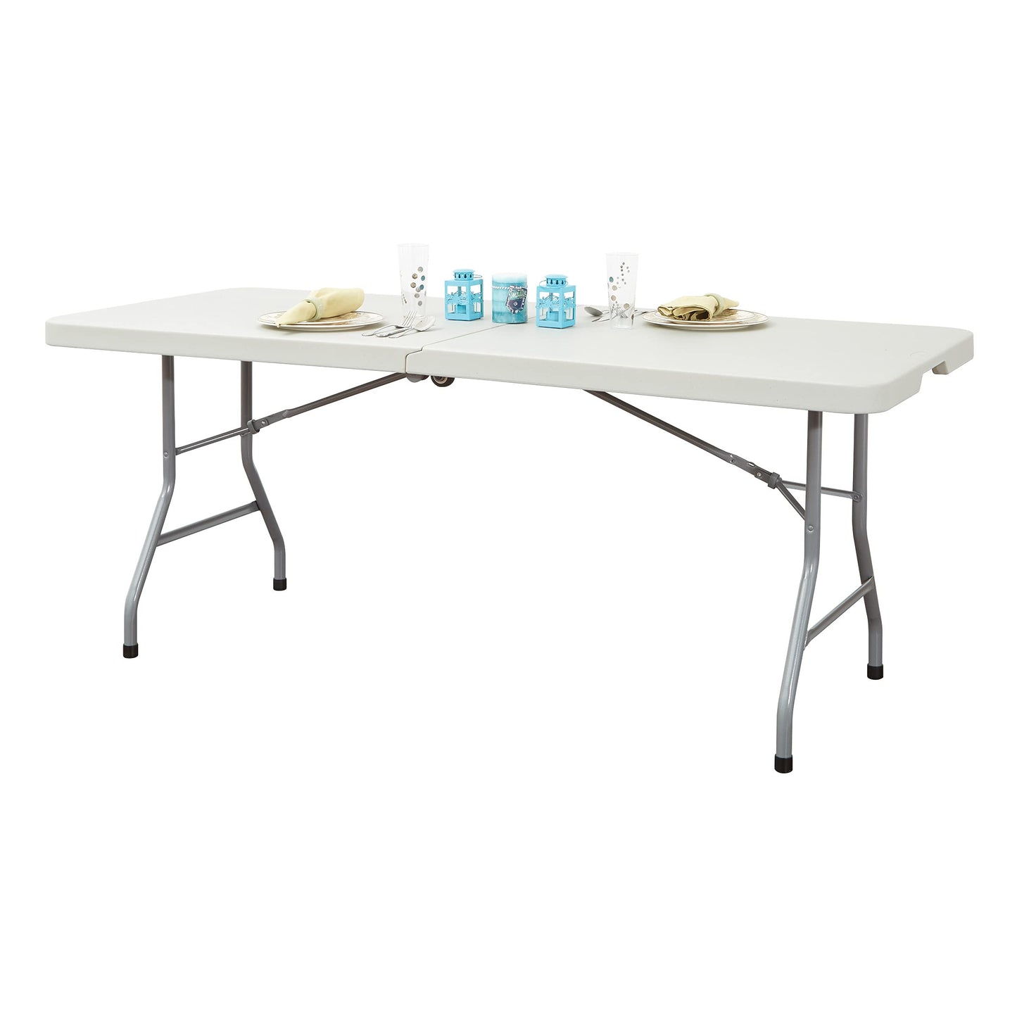Office Star Resin Multipurpose Rectangle Table, 6-Feet, Center Folding with Wheels, Light Gray