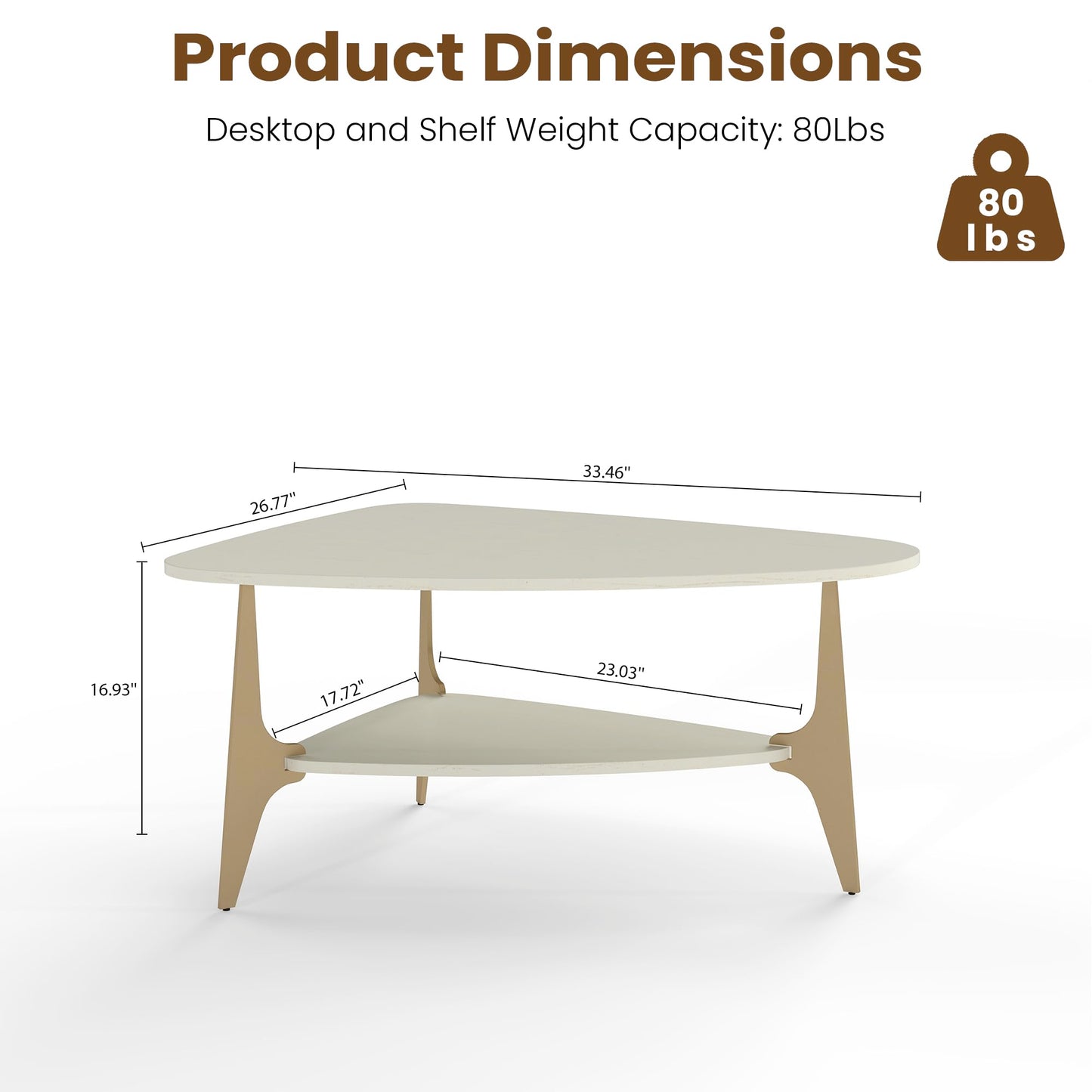 MWOOD Triangle Coffee Table, 33.5″‌ Modern Coffee Table with Storage Shelf, Waterproof Easy to Clean Center Table for Living Room, Apartment, White & Gold