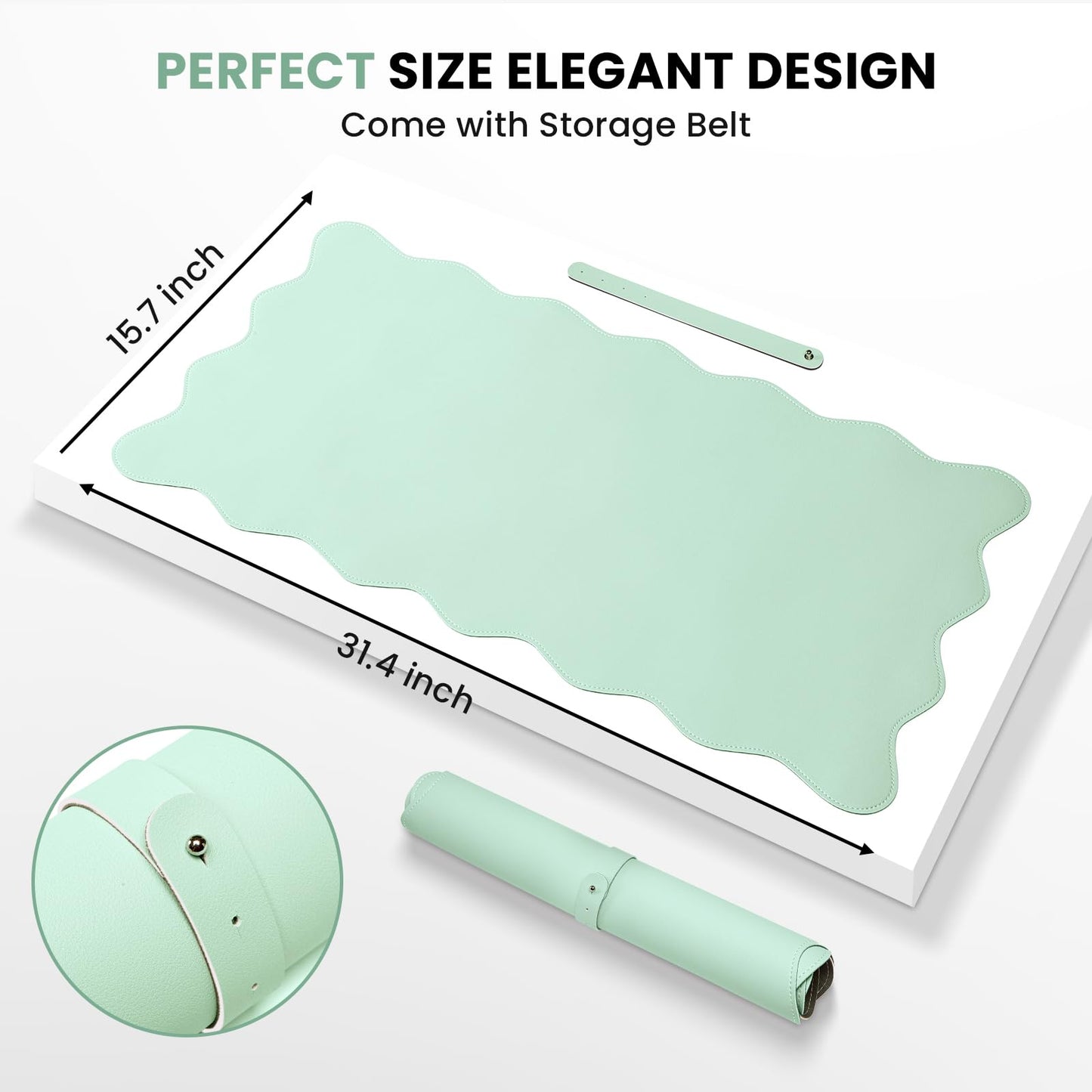 NXZGO PU Leather Desk Pad, Scalloped Non-Slip Mouse Pad & Large Desk Mat Cover Stitched Edges Writing Pad for Office, Home - Waterproof, Easy to Clean, Durable Surface I 31.4"x15.7", Mint Green