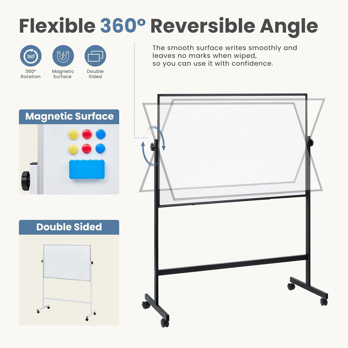 DUMOS Rolling Whiteboard Double Sided 46 x 32 Inches, Magnetic White Board Dry Erase on Wheels, Dry Erase Board with Stand for School, Office and Home, Silver Aluminium Frame, Black