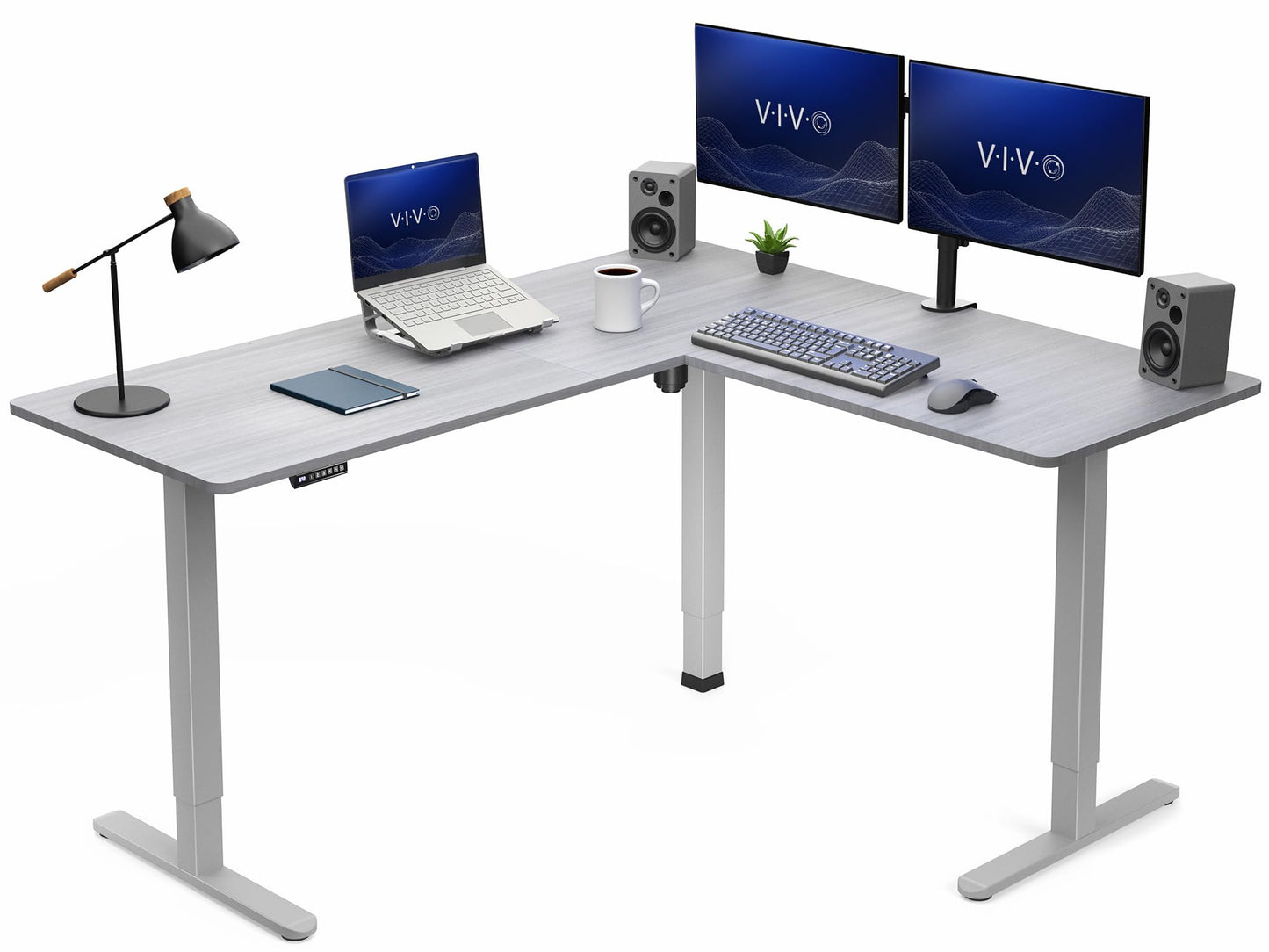 VIVO Corner Standing Desk, 63 x 55 inch Reversible L-Shaped Workstation, Electric Height Adjustment, Home, Office, and Reception Rooms, Dark Gray Table Top Gray Frame, DESK-E3CTGG