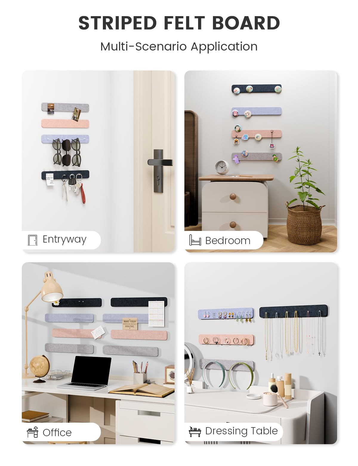 Fluxynara Cork Board Alternative Felt Strip Board 8-Pack 13"x2", Office Pin Board with 50 Push Pins, Adhesive Install for Bedroom Door & Home Office (Nordic Moonlight)