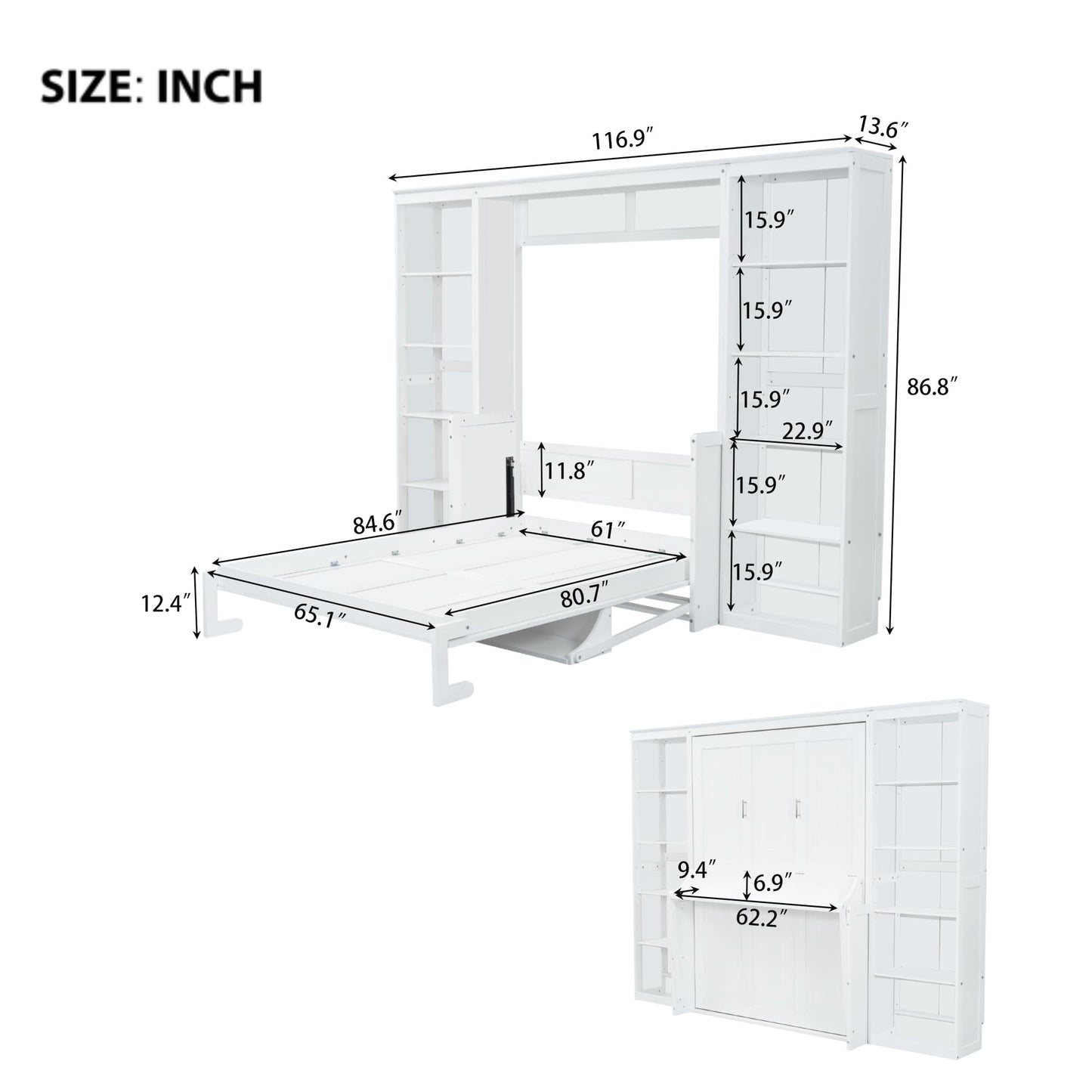 Vifya Queen Size Murphy Bed with Desk and Bookshelf, White