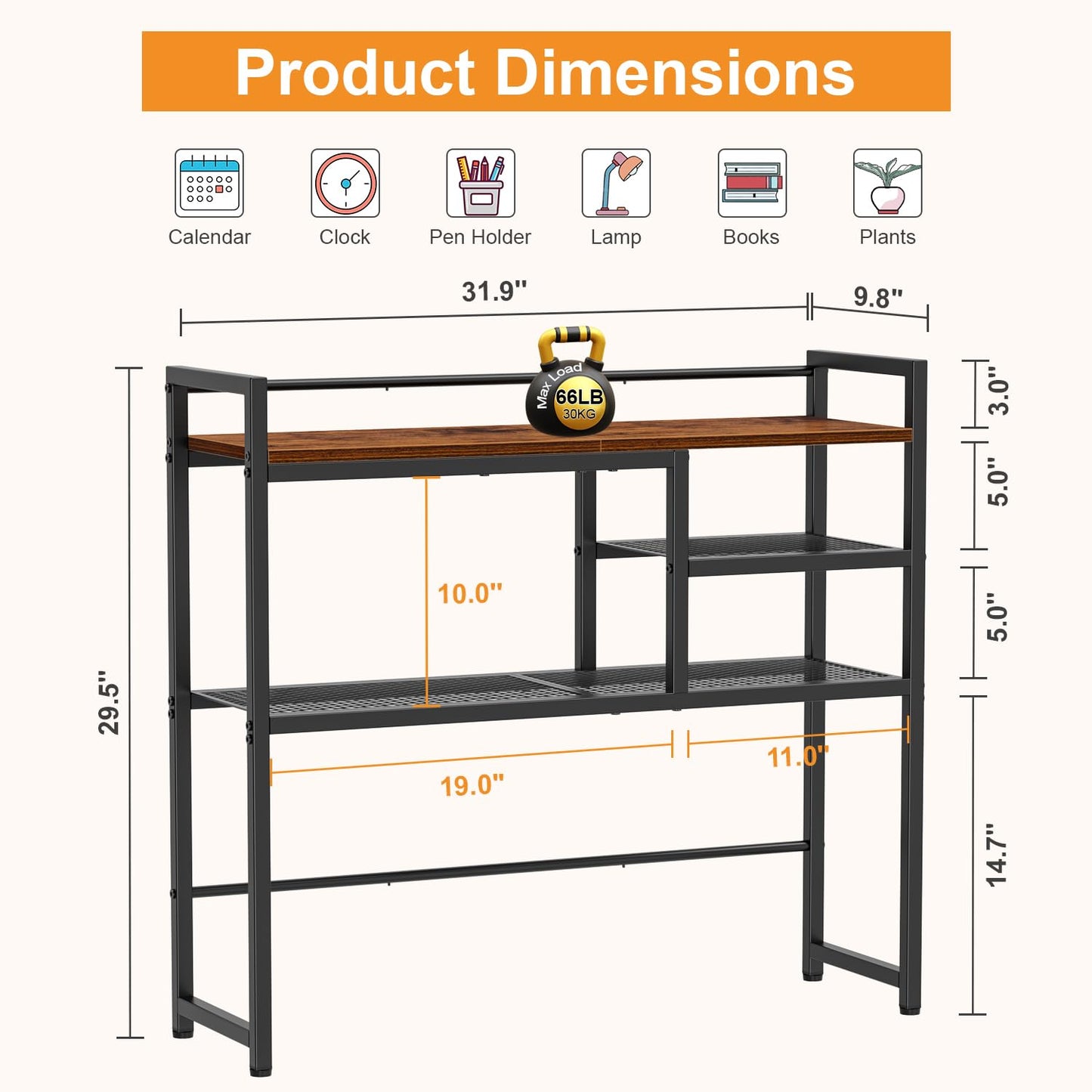 Snughome 31.9" Desk Shelf, Desktop Organizer Shelf, Desk Hutch Dorm, 3-Tier Desk Display Rack, Desktop Bookshelf, Multipurpose Wood Desk Organizer Storage Rack for Home Office Dorm