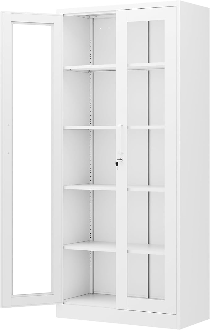 PEUKC Display Cabinet with Glass Doors, 71 Inches Metal Display Case with 4
