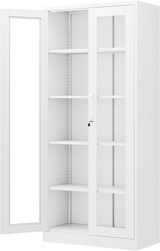 PEUKC Display Cabinet with Glass Doors, 71 Inches Metal Display Case with 4