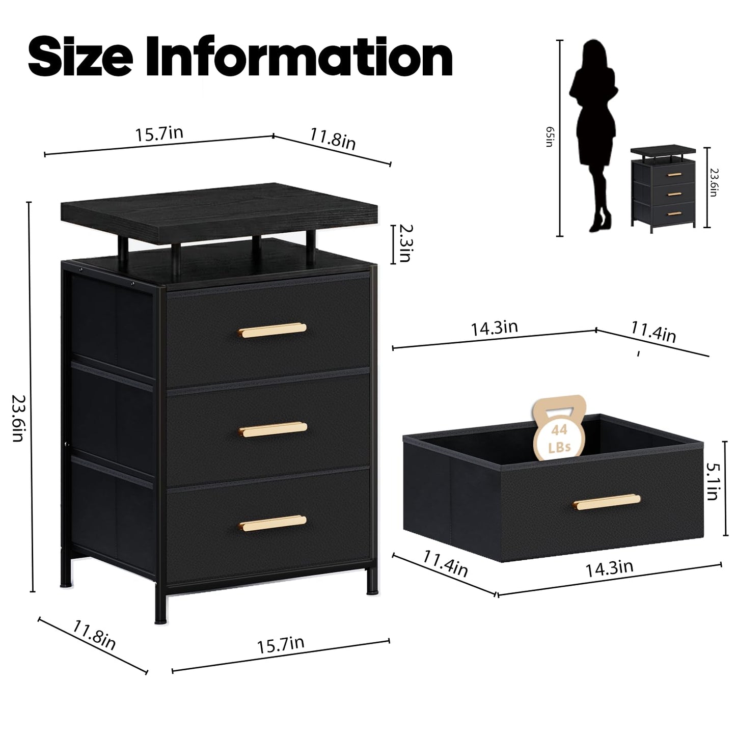 DreamDashio Nightstand Set of 2 with LED Lights, 3 Fabric Storage Drawers with PU Finish, Floating Top Design, Bedside Table with Open Shelf, End Table for Bedroom, Living Room, Office Black
