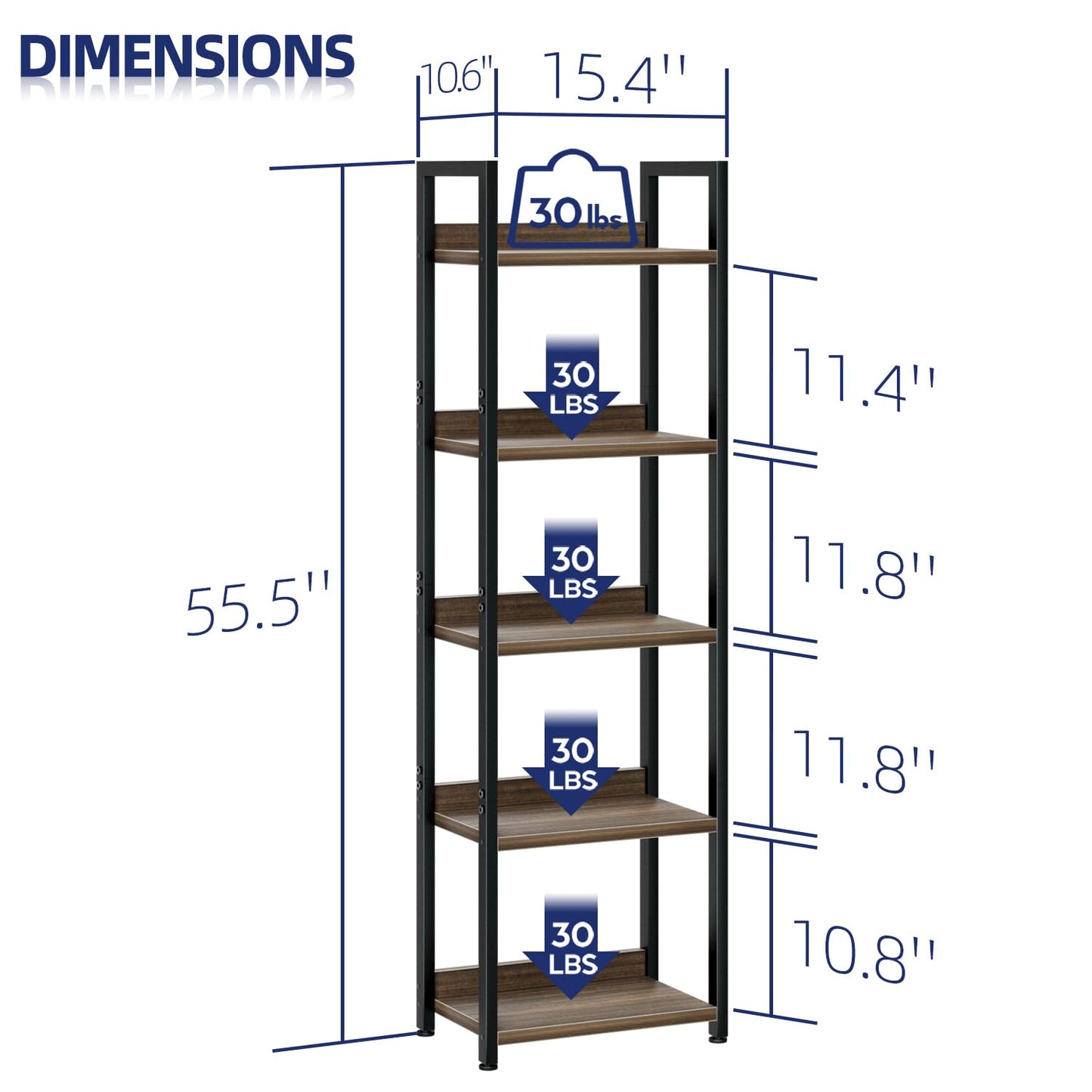 NUMENN Narrow Bookshelf, 5 Tier Bookshelves, Home Office Bookcase Shelf Storage Organizer, Free Standing Storage Shelving Unit for Bedroom, Living Room and Home Office, Dark Walnut
