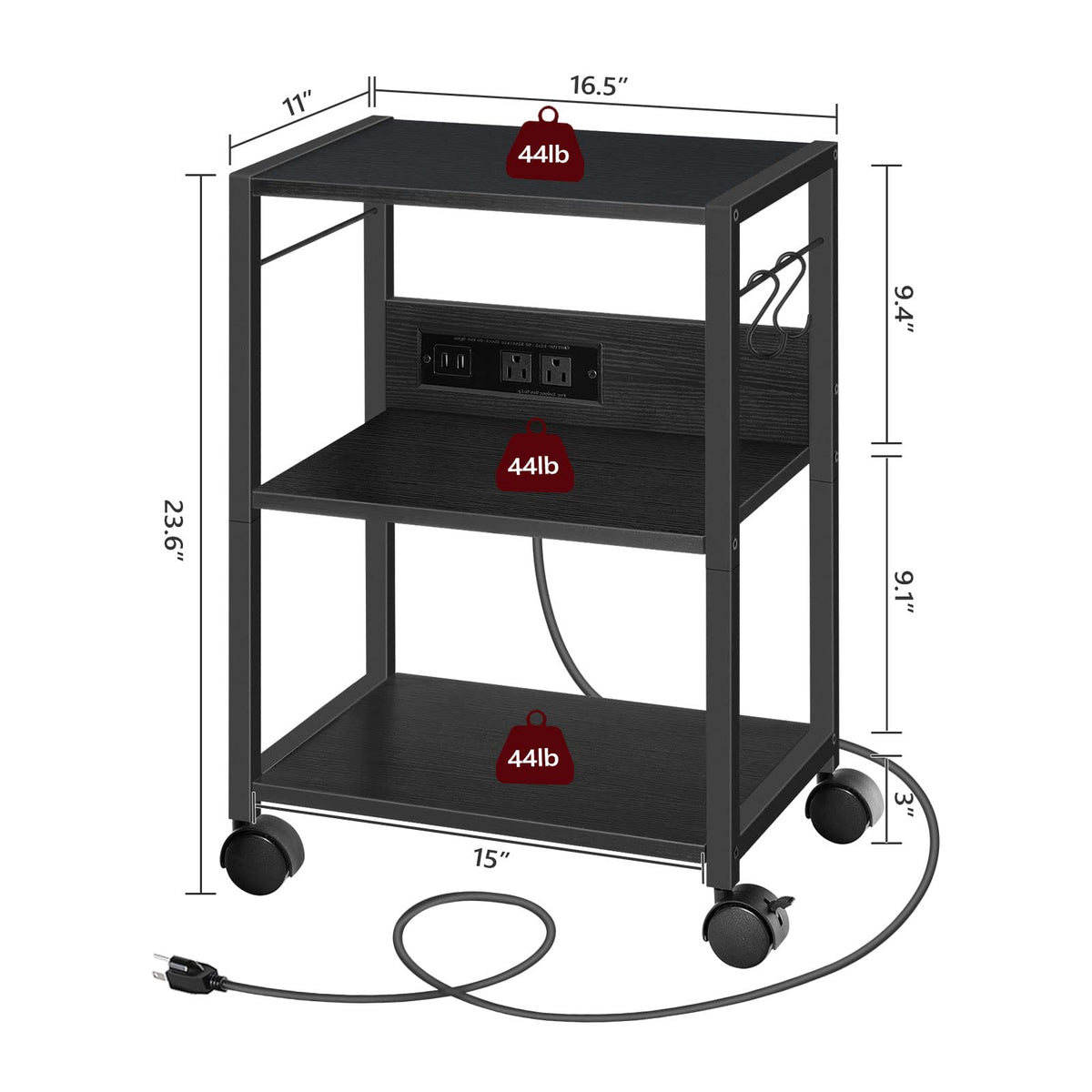 MAHANCRIS Industrial Printer Cart, 3-Tier Mobile Printer Stand, Rolling Cart with Power Outlets and USB Ports, Home Printer Stand with 2 Hooks, for Office, Living Room, Black PTHB40E01