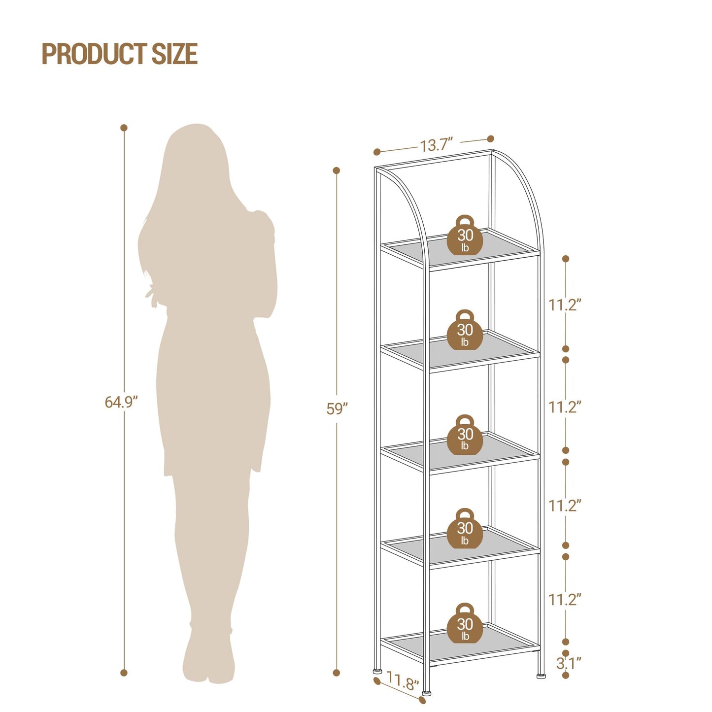 Hzuaneri Bookcase Bookshelf, Tempered Glass Arched Bookshelf for More Storage, Slim Shelving Unit for Bedroom, Bathroom, Home Office, Steel Frame, 5 Tier White BC20599W