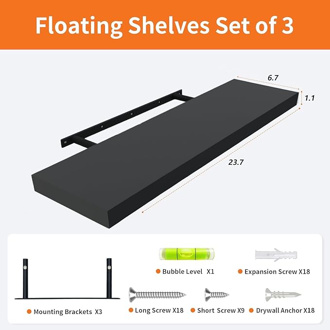 Upassion Floating Shelves for Wall Set of 3, Frame Display Black Floating Shelf