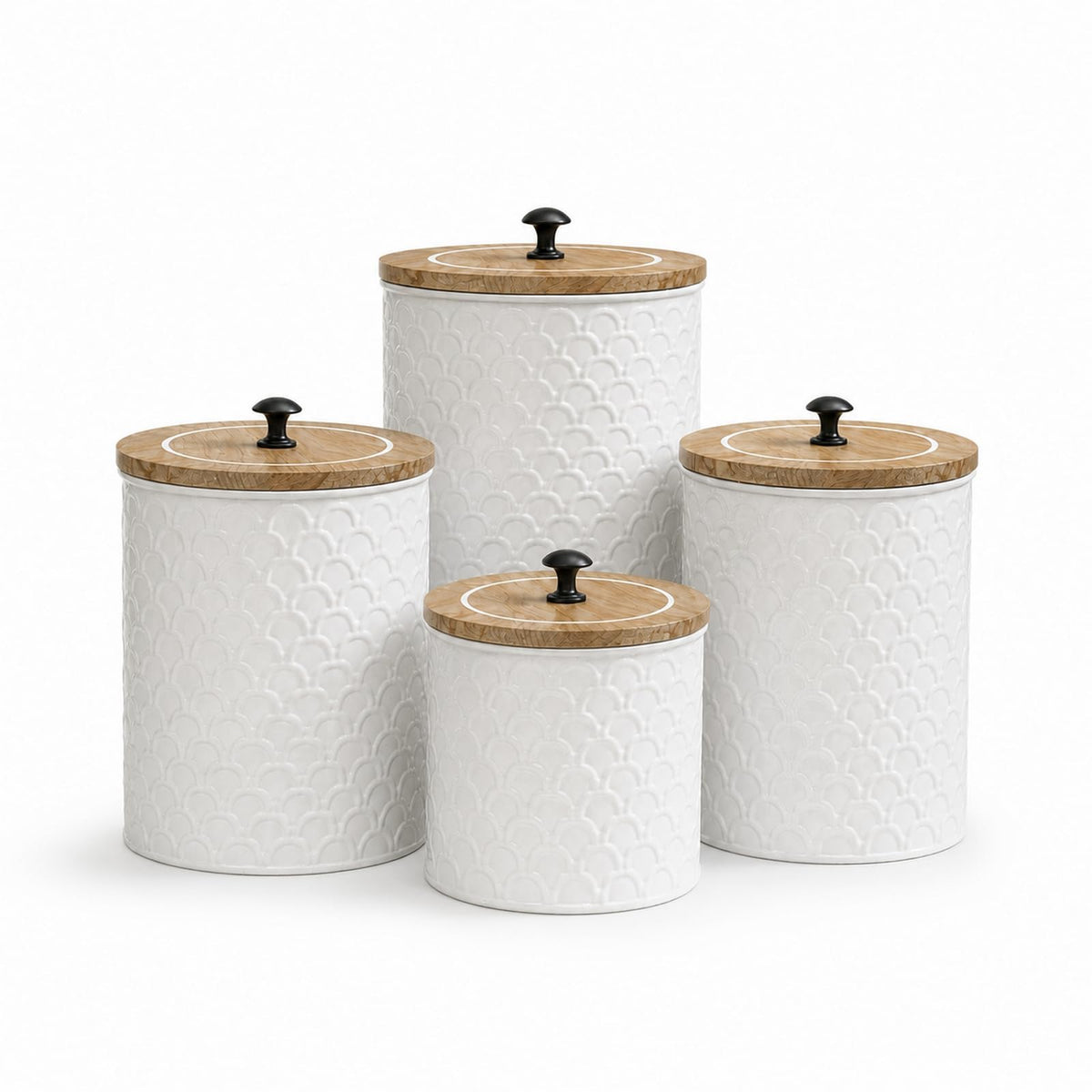 MODE HOME White Metal Kitchen Canister Set of 4 with Wooden Lids, Embossed Fish Scale Storage Containers for Coffee, Tea, Candy & Pet Treats, Farmhouse Decorative Food Jars