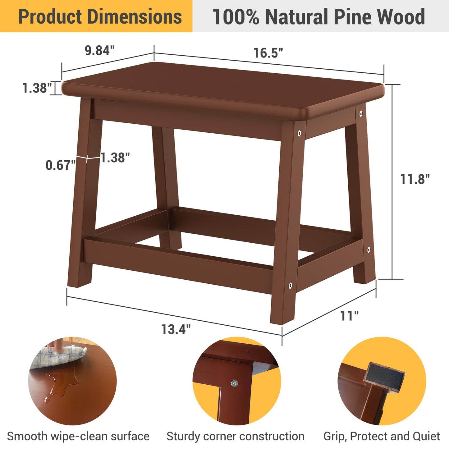 Wooden Step Stool, Foot Stool, Shoe Bench, Small Side End Table, Small Sofa Foot Stool for Bathroom Living Room Bedroom Kitchen Entryway Modern Sturdy 16.5x11x11.8inchs (Coffee)