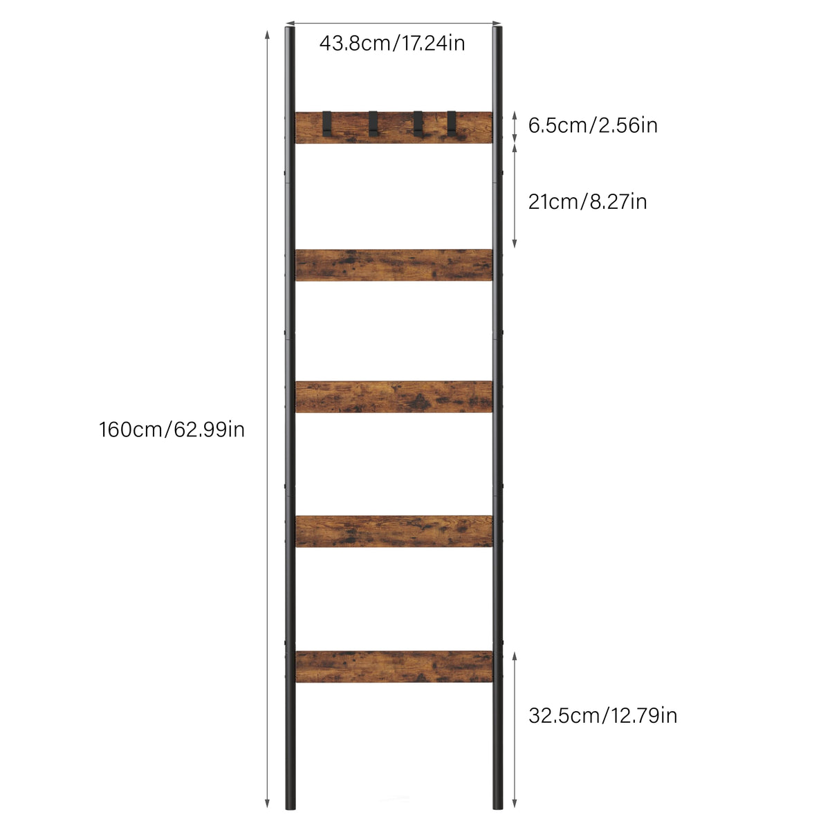 Blanket Ladder, 5-Tier Towel Holder with 4 Removable Hooks, Farmhouse Wall Leaning Decorative Rack Shelf, Wooden Towel Display Rack, Quilt Ladder for Living Room, Bedroom, Rustic Brown