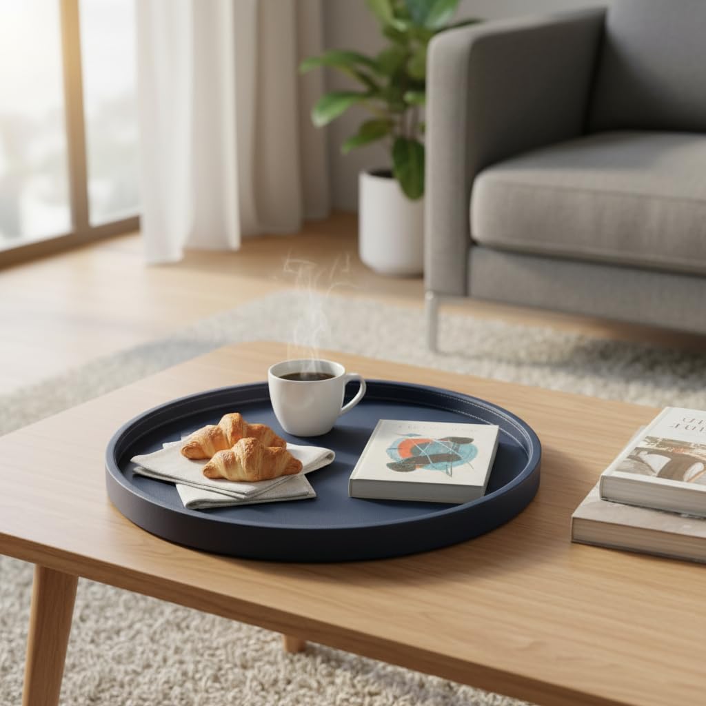 Galopgen 20-inch Round Ottoman Serving Tray - Textured PU Leather Coffee Table Decor, Waterproof Heat-Resistant Large Organizer for Home, Office, Bed & Party Essentials (Navy Blue, 20in)