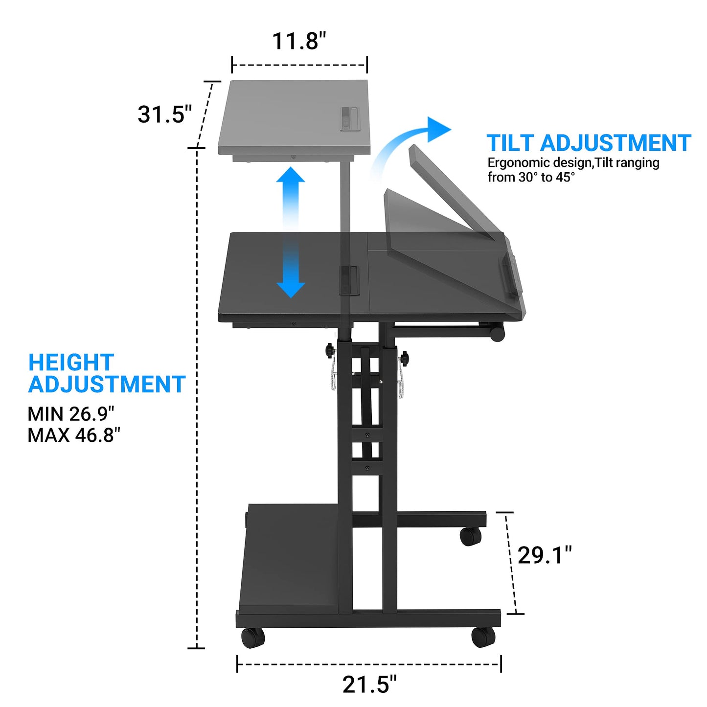 Mobile Standing Desk, Adjustable Rolling Computer Desk with 3 Desktops, Portable Laptop Table with Cup Holder, Home Office Laptop Workstation on Lockable Wheels, Black