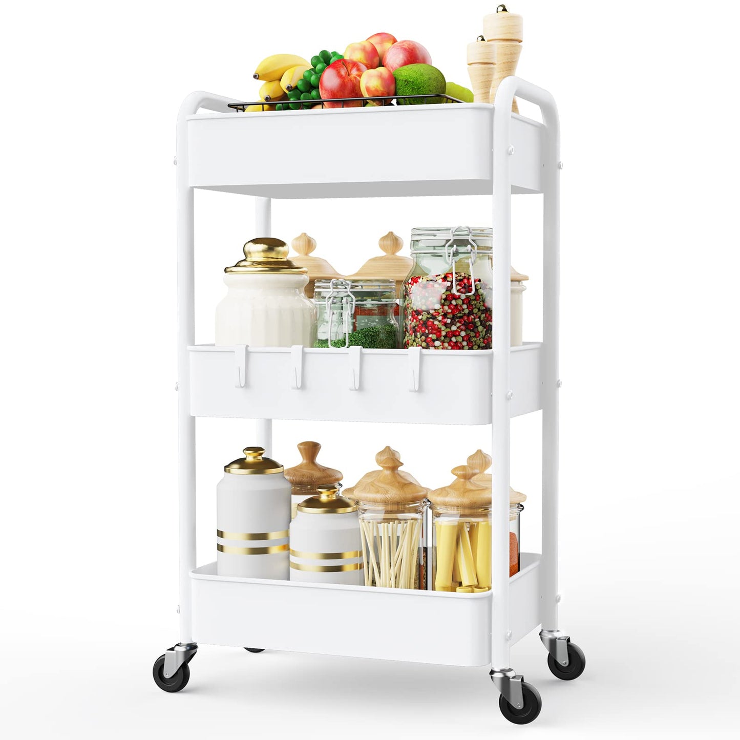 LEHOM 3 Tier Rolling Cart, Metal Rolling Utility Cart with Lockable Wheels & Hooks, Multi-Functional Heavy Duty Storage Cart Organizer for Bathroom, Kitchen, Office, Living Room