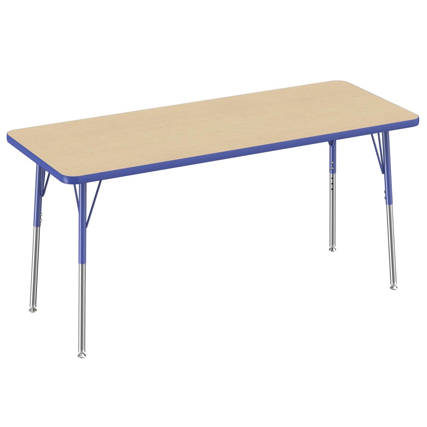 FDP Rectangle Activity School and Office Table (24 x 60 inch), Standard Legs with Swivel Glides, Adjustable Height 19-30 inches - Maple Top and Blue Edge