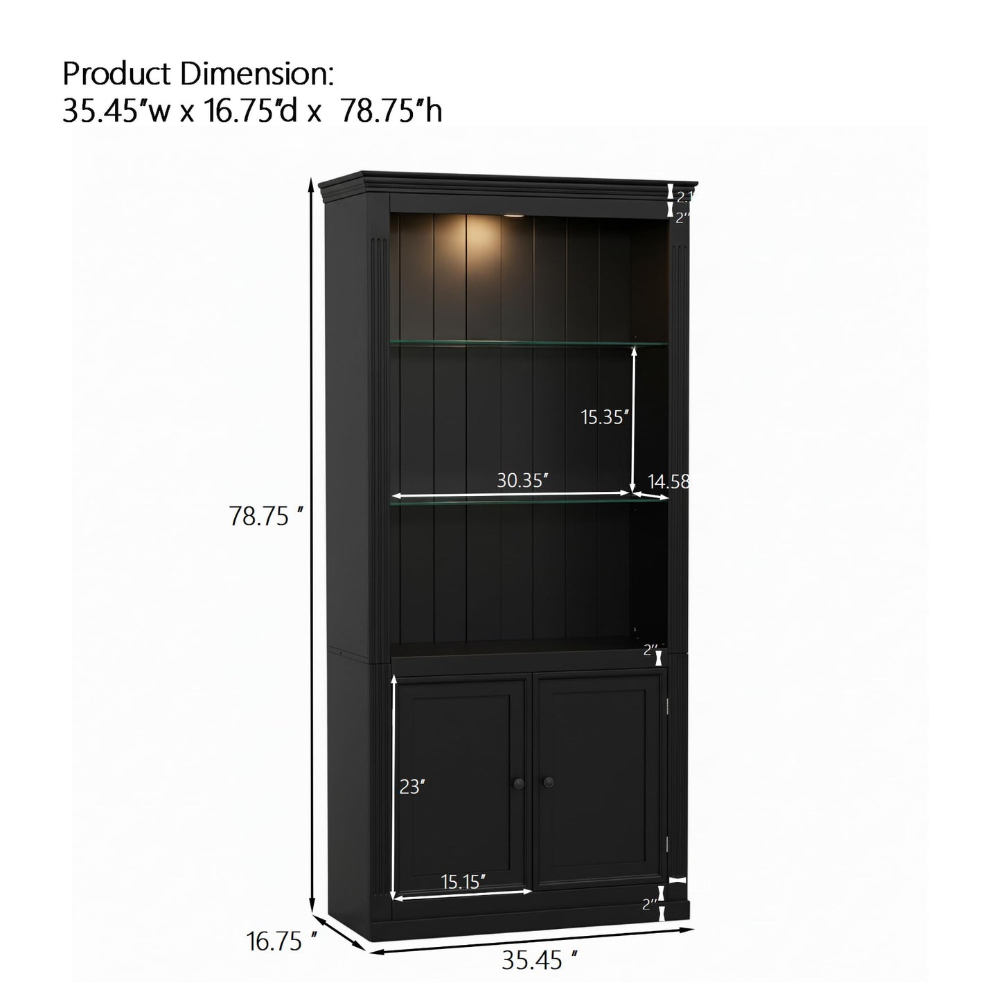 Merax Black Narrow Bookshelf 35" Wide 79" MDF Tall Bookcase Collection Books Storage Cabinet with Adjustable 5 Colors Ceiling Light for Living Room, Home Office, Studio