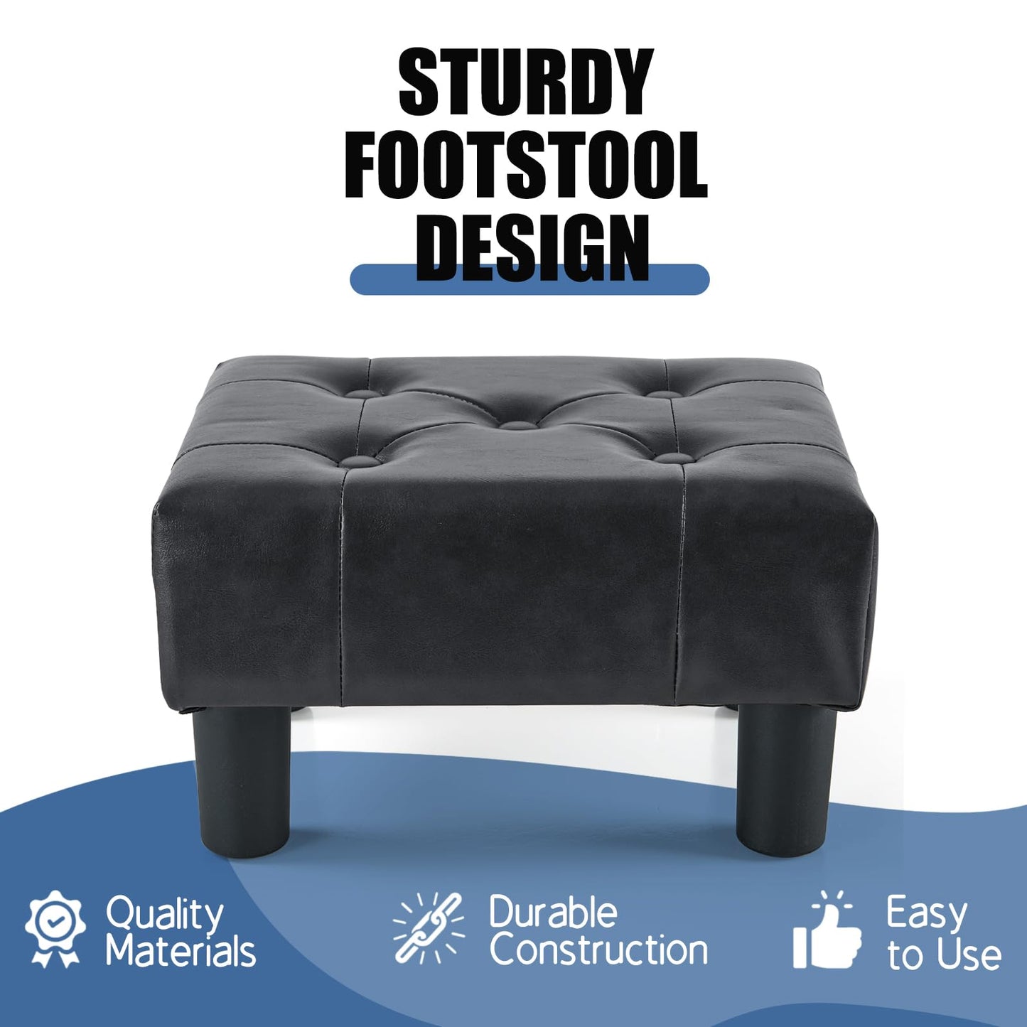 BRIAN & DANY Small Foot Stool, Leather Foot Stools with Legs, Stable Small Footstool for Living Room, Black