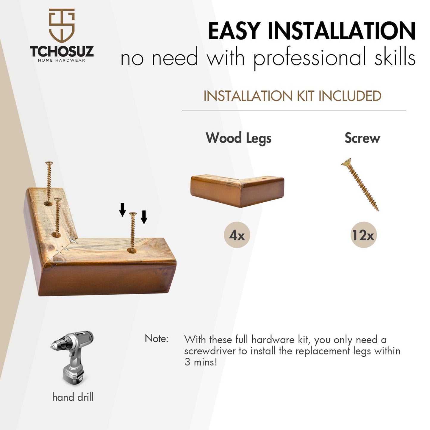TCHOSUZ Solid Wood Furniture Legs, 4 Pack Walnut Corner Legs (2 Inch Height) - L-Shaped Bed Risers & Couch Feet for Sofa, Bed Frame, Cabinet, Dresser, TV Stand - DIY Wood Supports & Replacement Feet