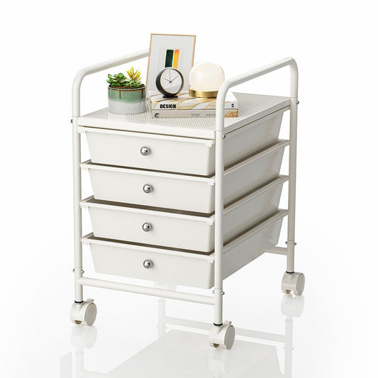Shrivee 4-Tier Utility Cart with 4 Drawers, Rolling Utility Cart with 2 Lockable Caster Wheels, Multipurpose Mobile Rolling Drawer Cart for Office Bathroom Kitchen, Ivory White