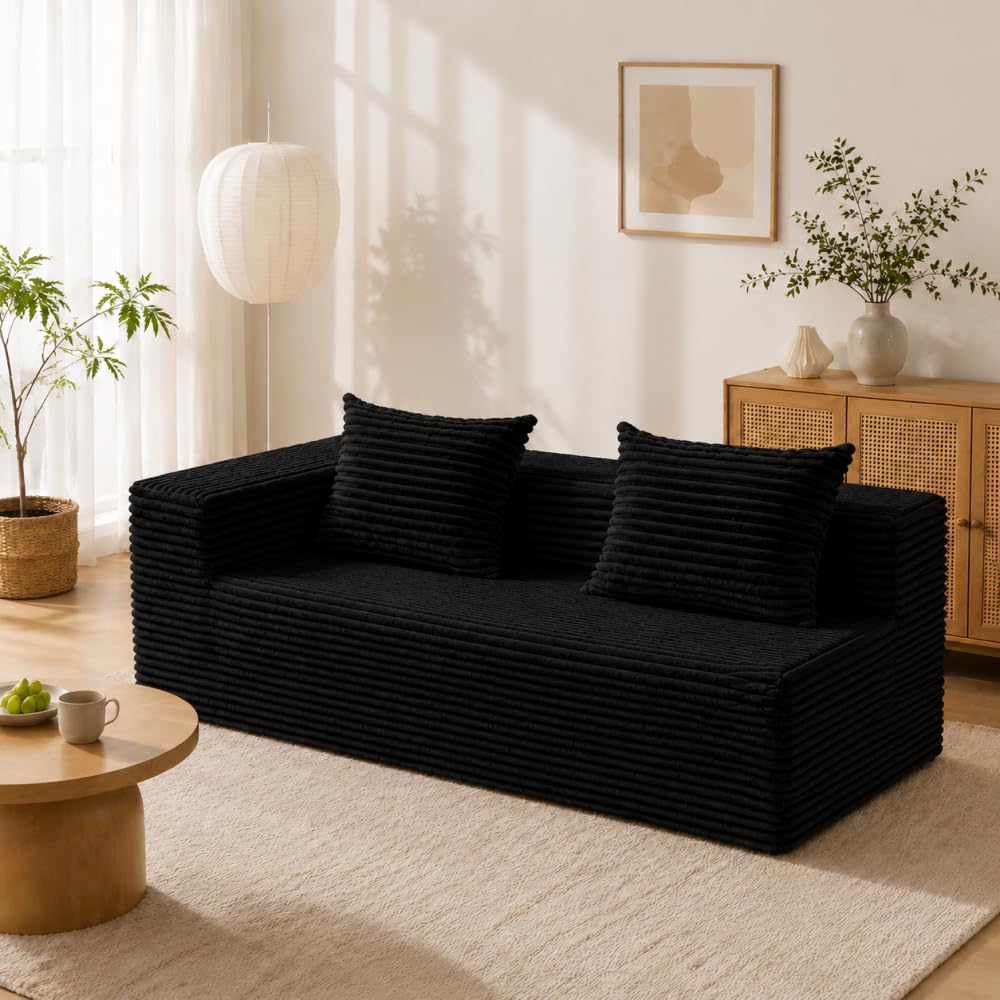 L-Shaped Sectional Sofa Corduroy Couch, All Sponge No Frame No Springs Sofa, Modern Modular Fabric Sofa with Pillows for Living Room Bedroom Apartment (Black（L） Left Module)