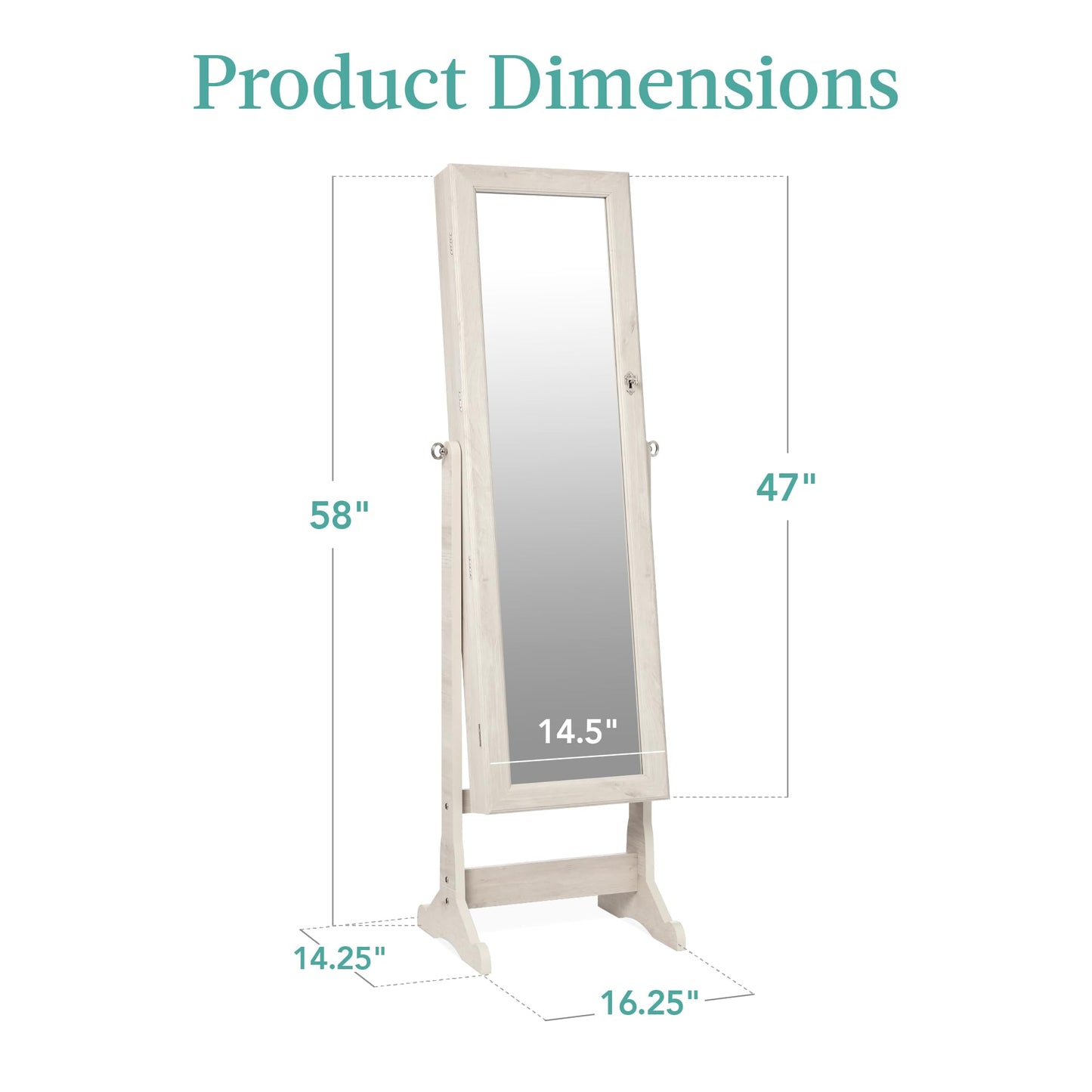 Best Choice Products Freestanding Jewelry Armoire Cabinet, Full Length Standing Mirror, Lockable Makeup Storage Organizer, w/Velvet Lining, 3 Angles, Lock, Accessory Pouch, 5 Shelves - Coastal White