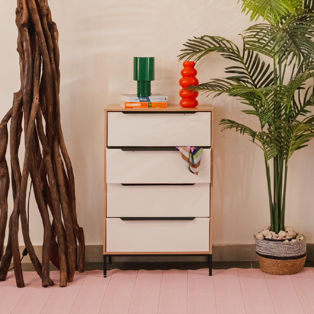 tinge Lira Premium 4 Drawer Fabric Dresser - Engineered Wood Frame Chest of Drawers for Bedroom - Strong & Sag-Proof Clothing Organizer with Sleek Metal Handles (Light Brown)