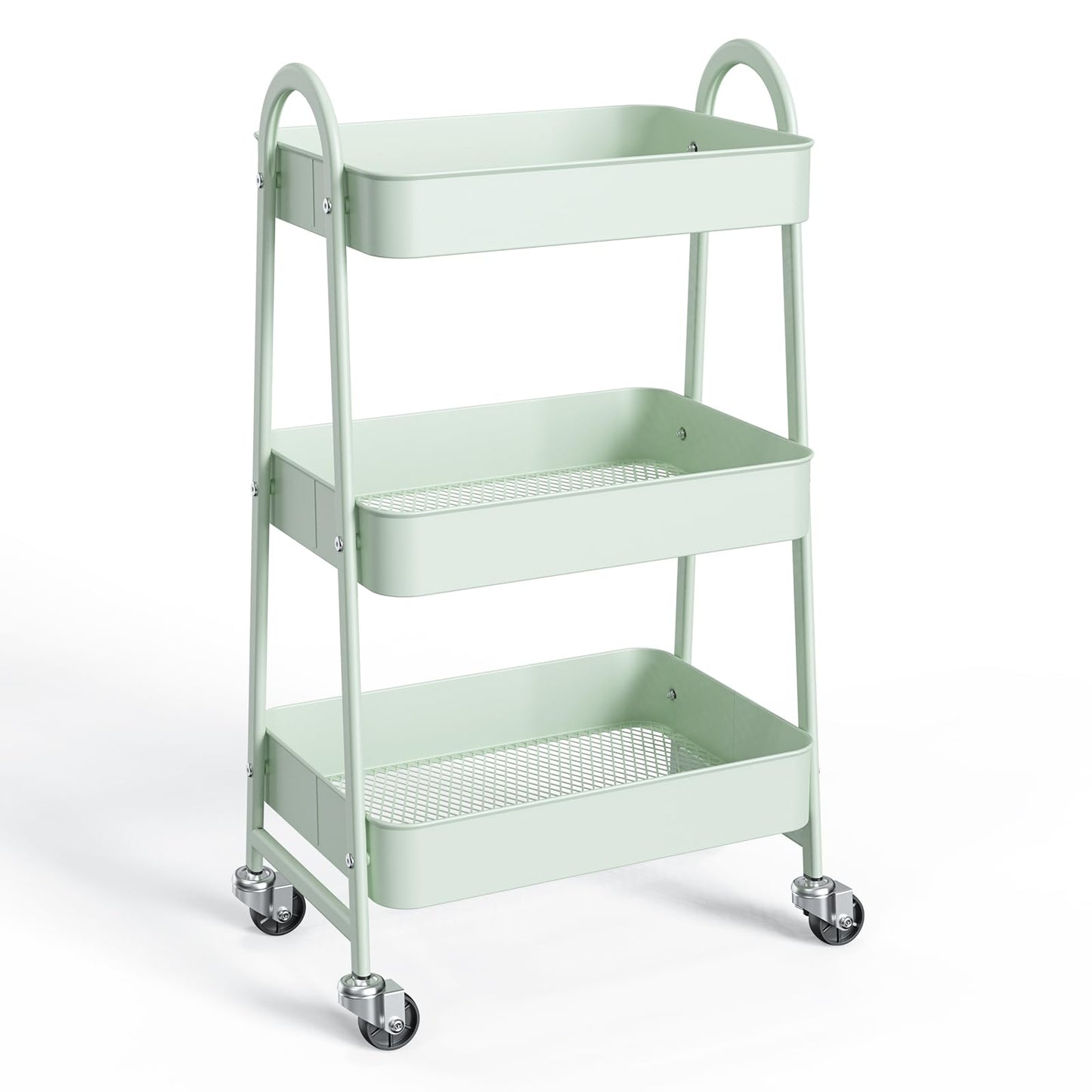 NEWBULIG 3-Tier Metal Rolling Cart with Lockable Wheels, Heavy Duty Mobile Utility Storage Shelf, Roller Book Snack Cart, Organization for Livingroom, Bathroom, Office, Green