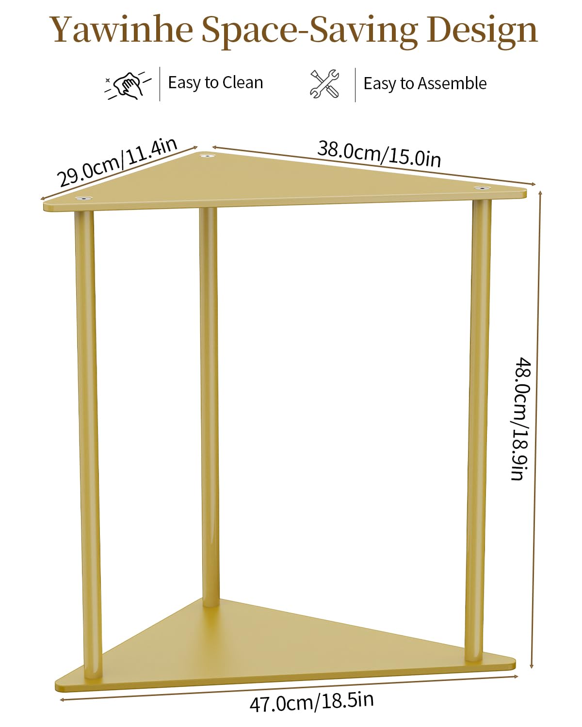Yawinhe Metal Side Tables Set of 2,Small End Table with Storage Shelves,2-Tier Nightstand Bedside Table for Small Spaces,Modern Triangle Coffee Table for Living Rooms,Bedrooms,Golden,SZJ202J-2