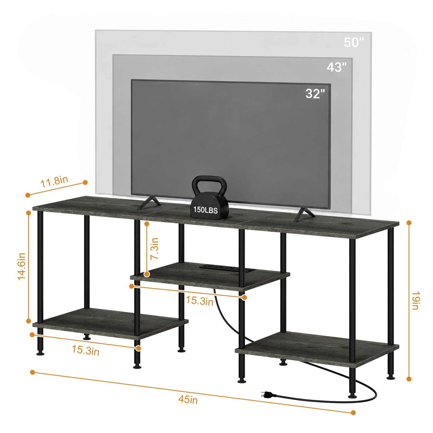 YAHKBTEN TV Stand for Bedroom up to 50 Inch Rustic TV Stands with Power Outlets Small Entertainment Center with Storage 3 Tier TV Media Console Table Cabinet for Living Room Bedroom Office, Dark Grey