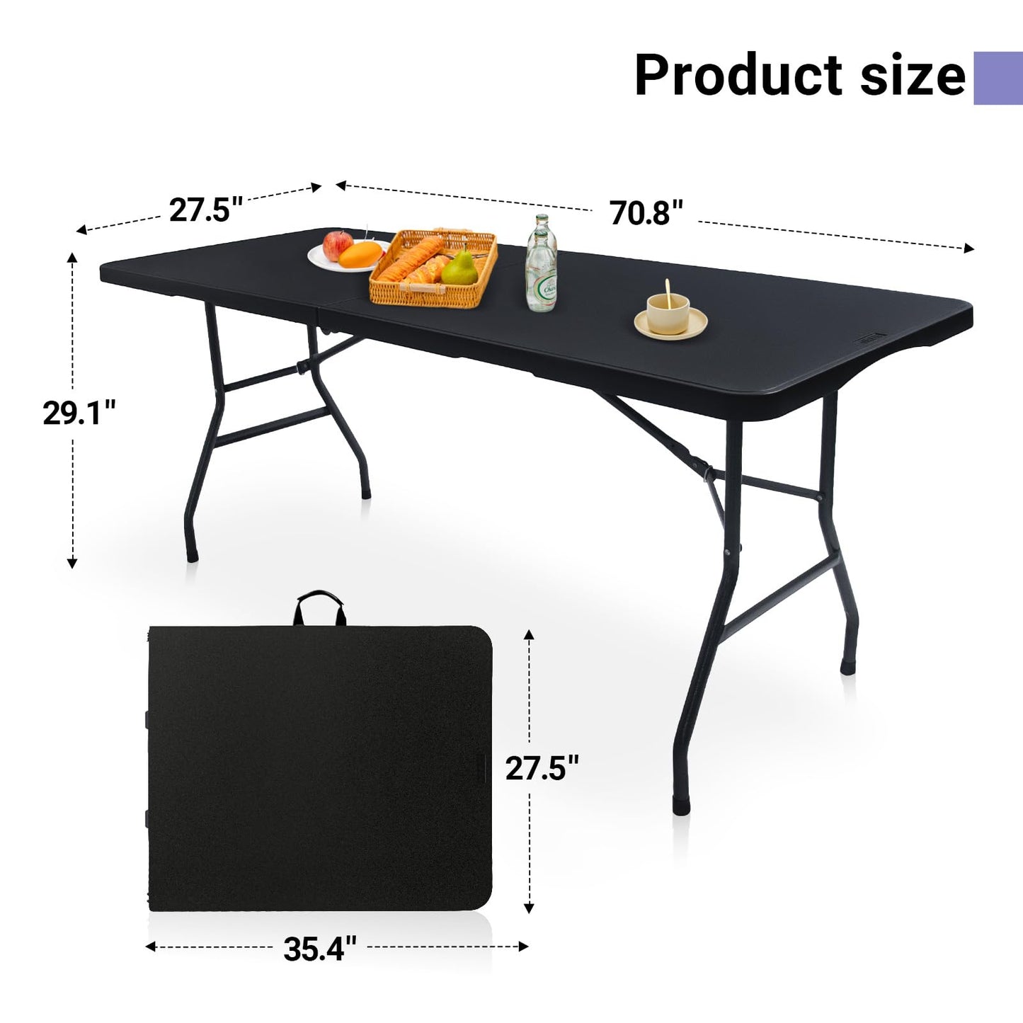 Byliable Folding Table 6ft Portable Heavy Duty Plastic Fold-in-Half 6 Foot Foldable Table Utility Dining Indoor Outdoor for Camping Picnic and Party, Black