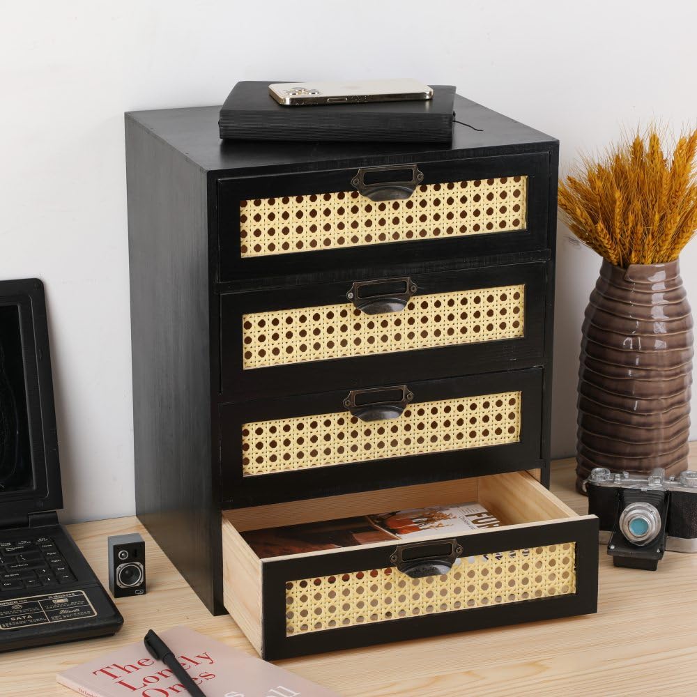 GoooodGIFT Large Wooden Drawer BoHo Desk Organizers Wooden Storage Dox with Drawers Rattan Paper Storage Drawer Wood File Organizer Library Card Catalog Cabinet Apothecary Cabinet (L-BLACK)
