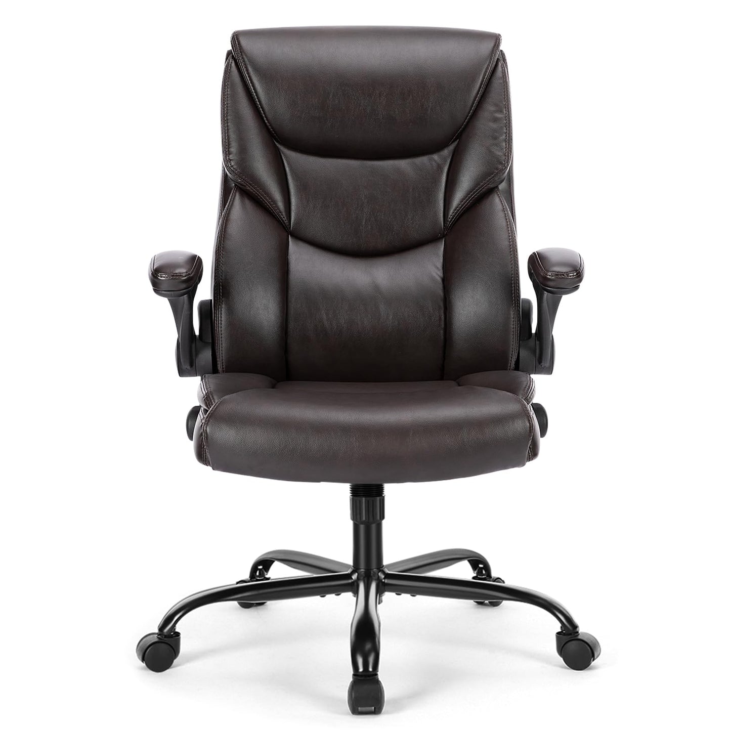 Sweetcrispy Computer Gaming Chair, Ergonomic High Back Heavy Duty Task Desk Office Chairs with Wheels, Flip-up Arms, Adjustable Height, PU Leather,Dark Brown