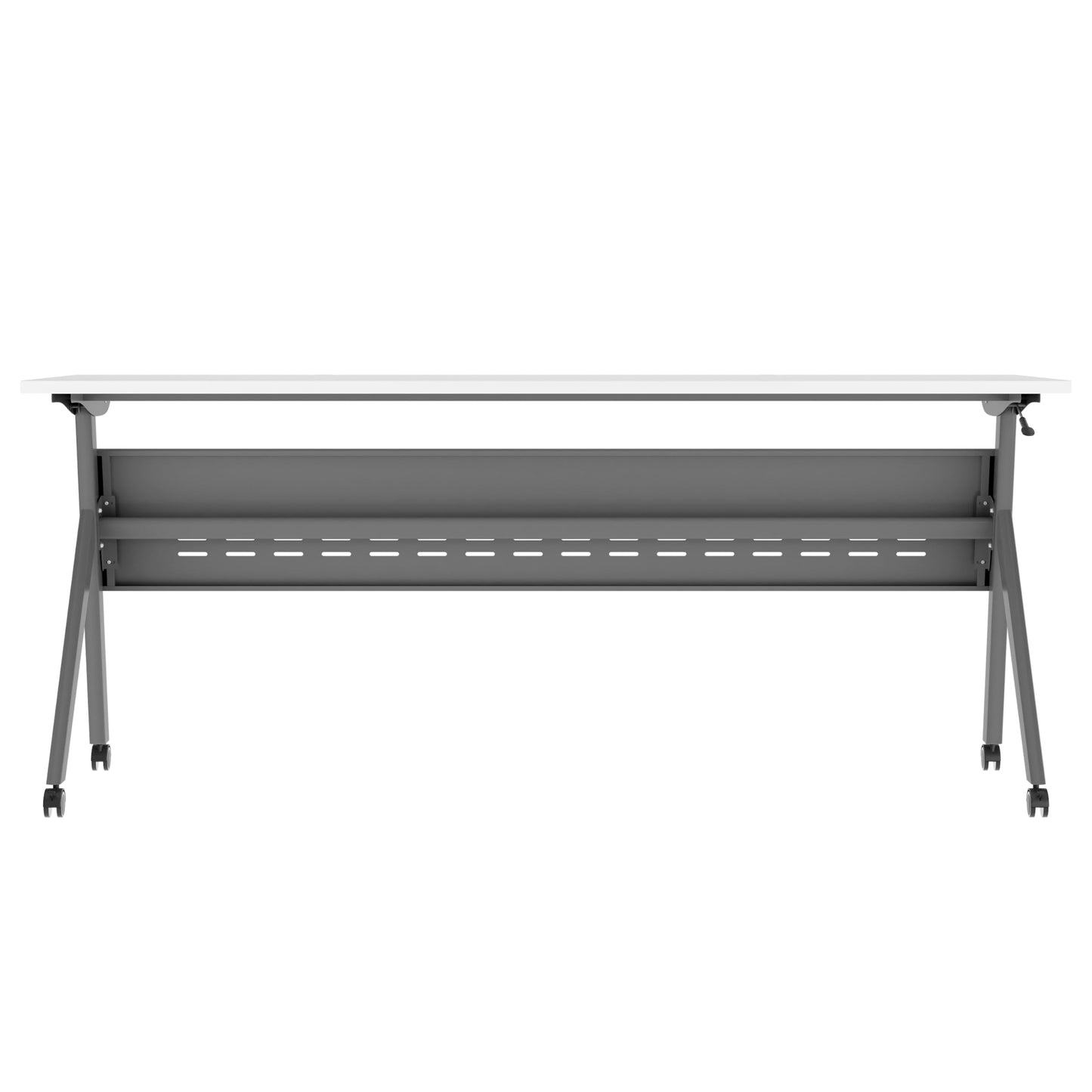 BizChair Commercial Grade 72" x 24" Heavy-Duty Nesting Flip Training Table with Y-Legs, Modesty Panel, 1" Thick White Tabletop, and Gray Steel Frame