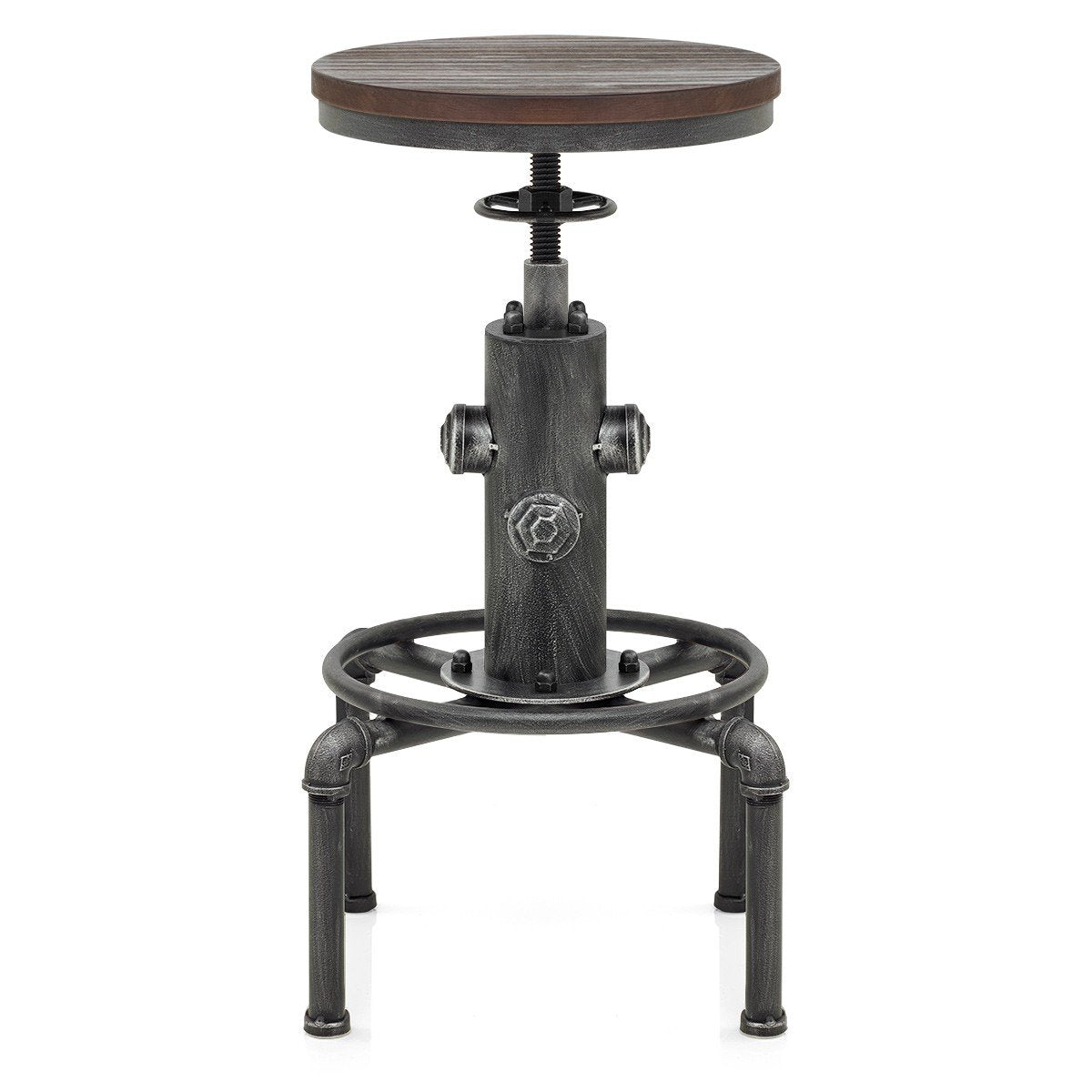 Topower Antique Vintage Industrial Barstool Solid Wood Water Pipe Fire Hydrant Design Cafe Coffee Industrial Bar Stool Set of 2 Silver