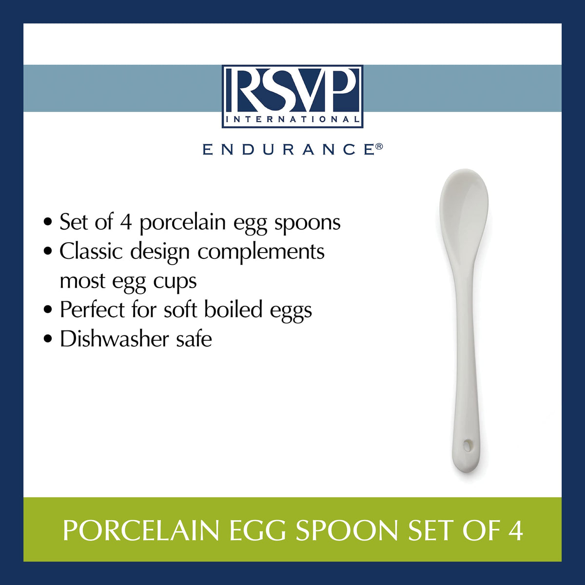 RSVP International Poached Egg Spoon, 4 Piece Set Multipurpose Use for Serving Jam, Honey or Soft Boiled Eggs, 5.5" Length, White Porcelain