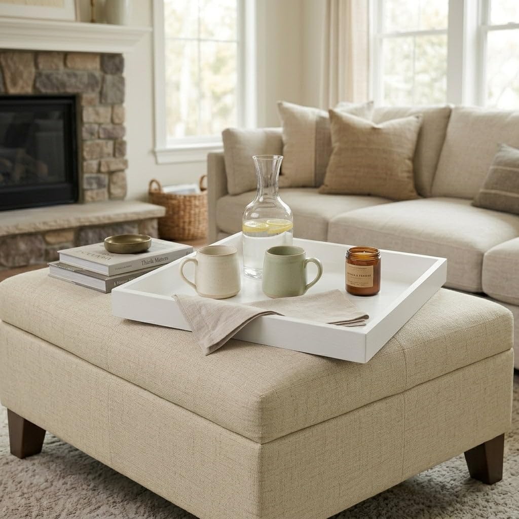 Ottoman Tray for Coffee Table Living Room Wood Serving Tray Large Wooden Square 20 Inches White