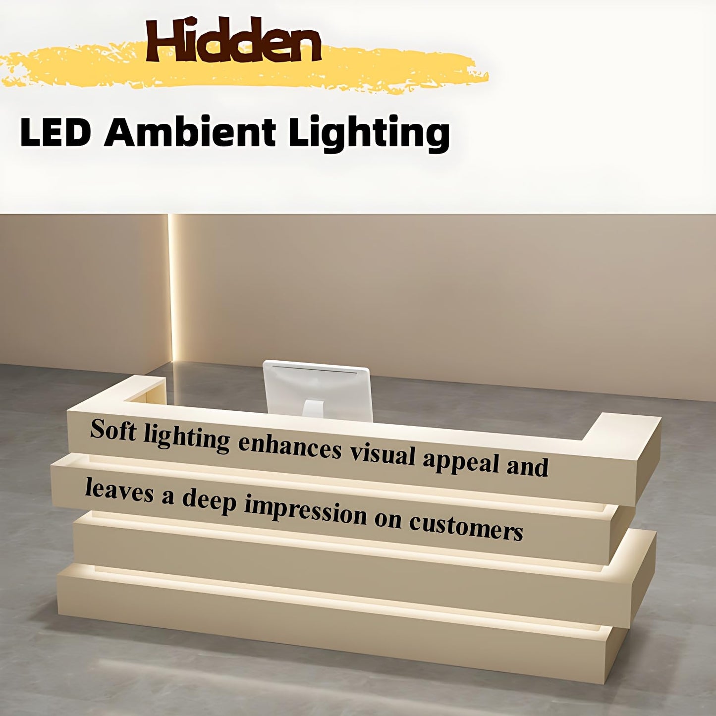 Modern Office Reception Desk with Hidden Mood Lighting, No Assembly Required, Customizable Logo, Spacious Storage, Solid Wood Construction, Retail Counter for Office & Boutique.
