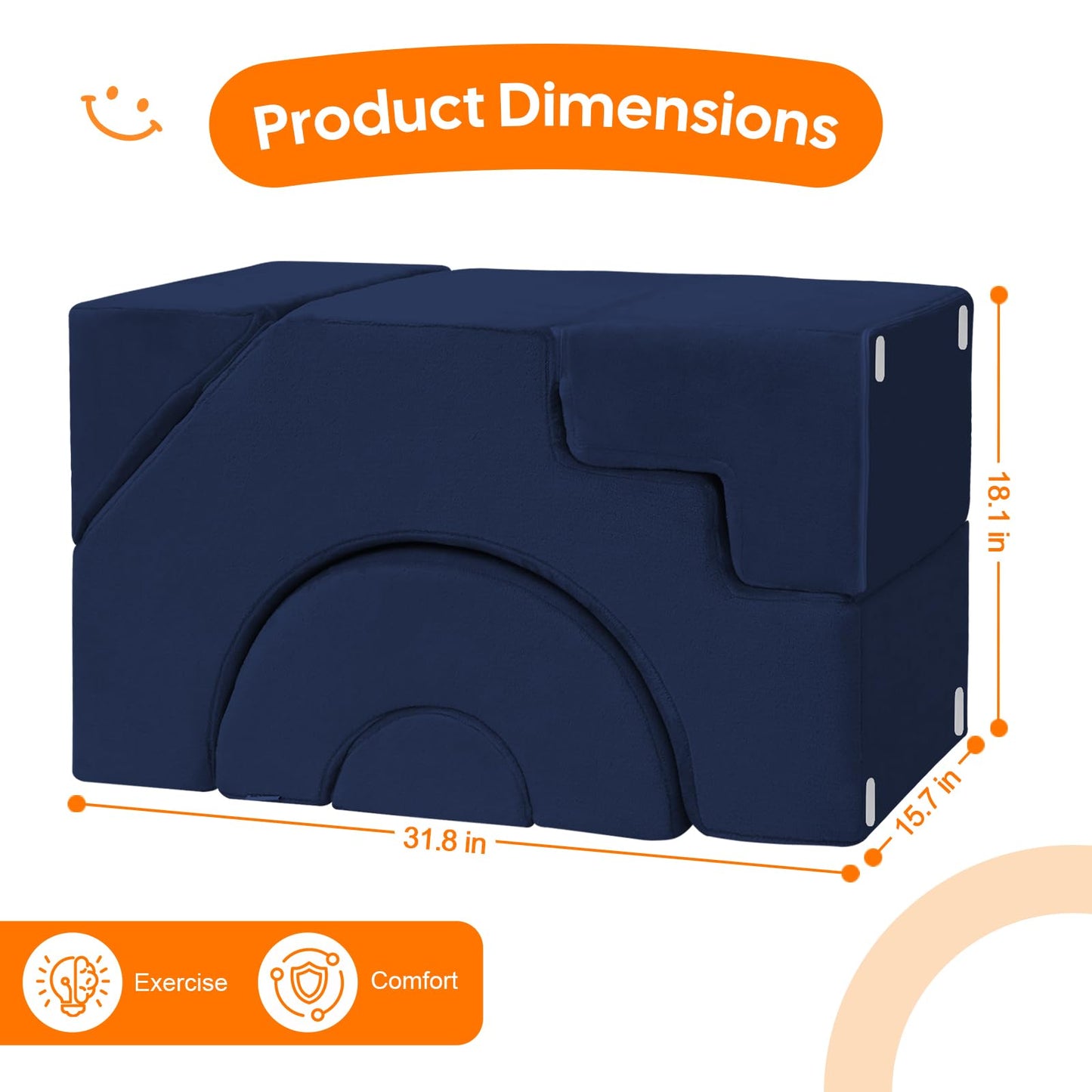 MeMoreCool Modular Kids Sofa, Foam Couch Sofa with Slide & Stair Design, Convertible Kids Couch for Playroom, Sectional Child Furniture for Bedroom Living Room, Navy