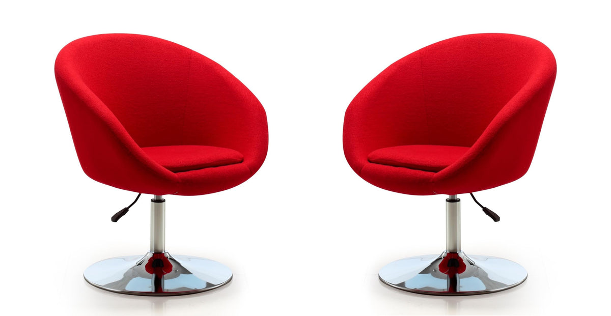 Manhattan Comfort Hopper Adjustable Swivel Accent Chair Set of 2 with 360° Turn, Upholstered Seat, Polished Chrome Base, Modern Bowl Design for Home Office and Living Room, Red Wool Blend