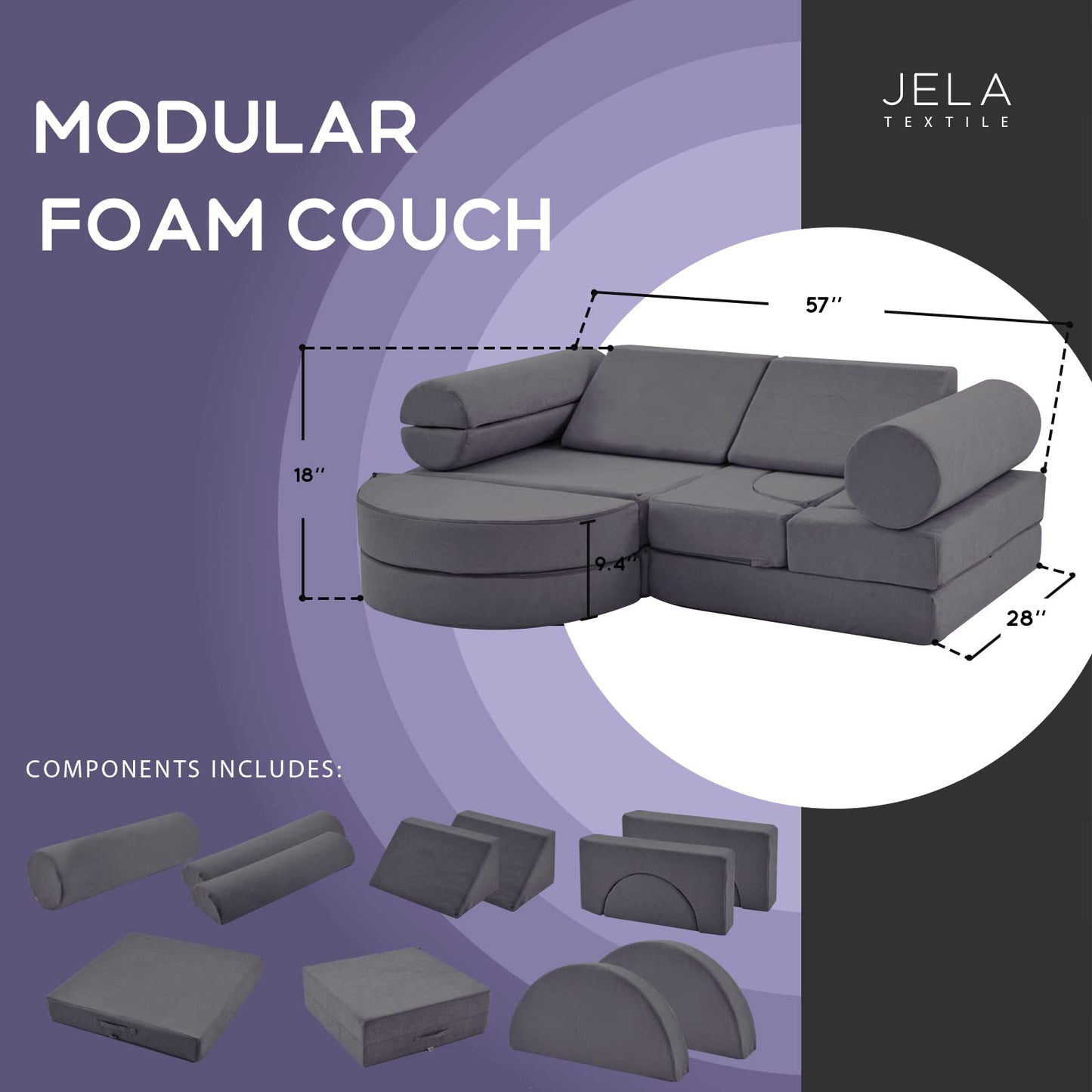 jela Kids Couch 14PCS Luxury, Floor Sofa Modular Furniture for Adults, Playhouse Play Set for Toddlers Babies, Modular Foam Play Couch, Modular Sofa (Charcoal, 57"x28"x18")
